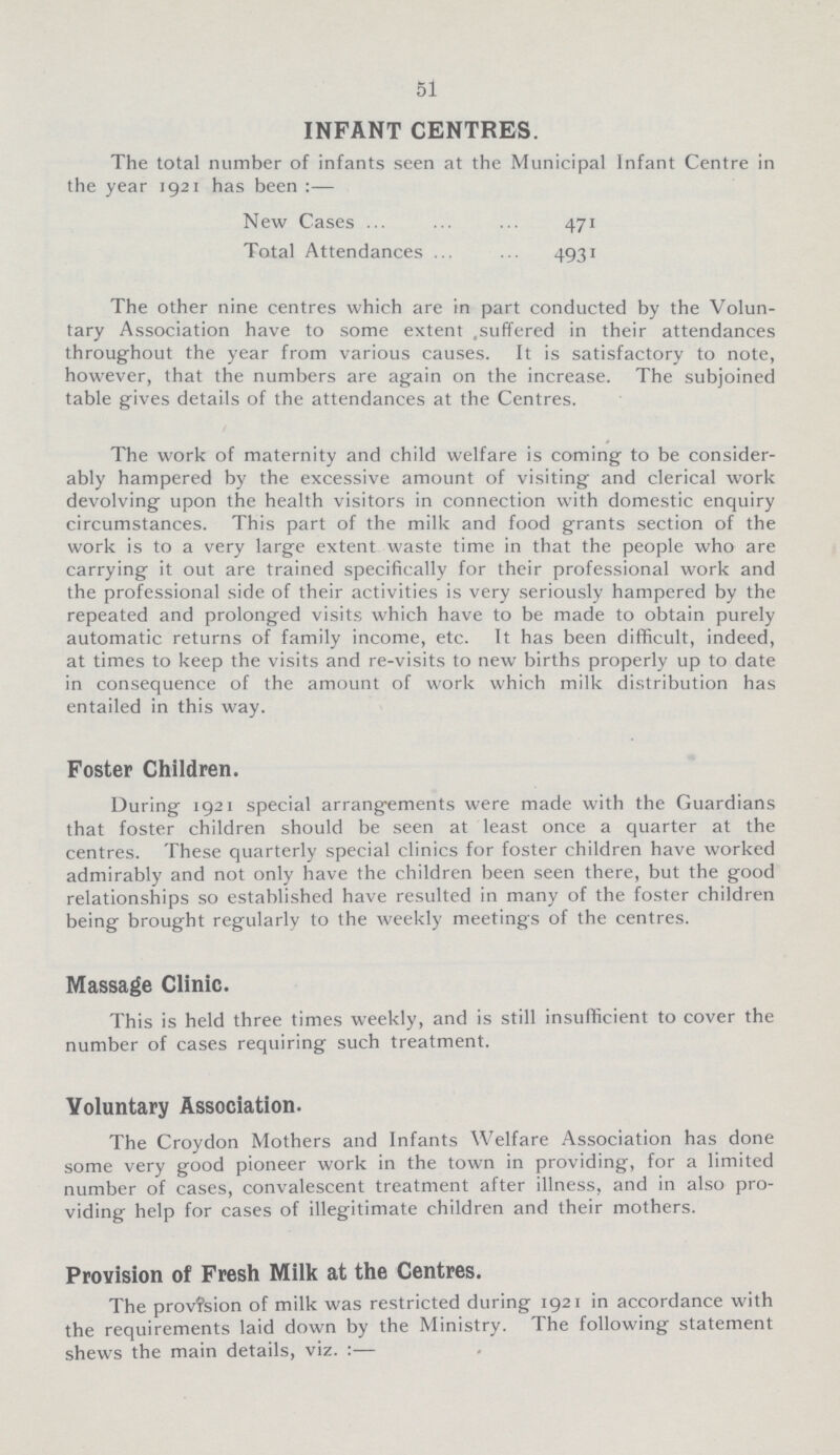 51 INFANT CENTRES. The total number of infants seen at the Municipal Infant Centre in the year 1921 has been:— New Cases 471 Total Attendances 4931 The other nine centres which are in part conducted by the Volun tary Association have to some extent .suffered in their attendances throughout the year from various causes. It is satisfactory to note, however, that the numbers are again on the increase. The subjoined table gives details of the attendances at the Centres. The work of maternity and child welfare is coming to be consider ably hampered by the excessive amount of visiting and clerical work devolving upon the health visitors in connection with domestic enquiry circumstances. This part of the milk and food grants section of the work is to a very large extent waste time in that the people who are carrying it out are trained specifically for their professional work and the professional side of their activities is very seriously hampered by the repeated and prolonged visits which have to be made to obtain purely automatic returns of family income, etc. It has been difficult, indeed, at times to keep the visits and re-visits to new births properly up to date in consequence of the amount of work which milk distribution has entailed in this way. Foster Children. During 1921 special arrangements were made with the Guardians that foster children should be seen at least once a quarter at the centres. These quarterly special clinics for foster children have worked admirably and not only have the children been seen there, but the good relationships so established have resulted in many of the foster children being brought regularly to the weekly meetings of the centres. Massage Clinic. This is held three times weekly, and is still insufficient to cover the number of cases requiring such treatment. Voluntary Association. The Croydon Mothers and Infants Welfare Association has done some very good pioneer work in the town in providing, for a limited number of cases, convalescent treatment after illness, and in also pro viding help for cases of illegitimate children and their mothers. Provision of Fresh Milk at the Centres. The provfsion of milk was restricted during 1921 in accordance with the requirements laid down by the Ministry. The following statement shews the main details, viz.:—