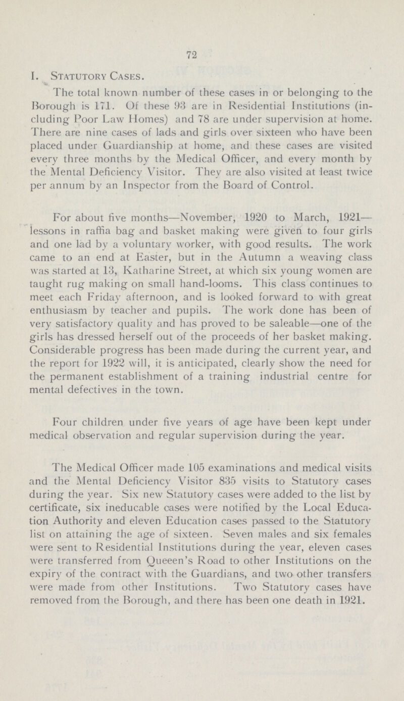 72 I. Statutory Cases. The total known number of these cases in or belonging to the Borough is 171. Of these 93 are in Residential Institutions (in cluding Poor Law Homes) and 78 are under supervision at home. There are nine cases of lads and girls over sixteen who have been placed under Guardianship at home, and these cases are visited every three months by the Medical Officer, and every month by the Mental Deficiency Visitor. They are also visited at least twice per annum by an Inspector from the Board of Control. For about five months—November, 1920 to March, 1921— lessons in raffia bag and basket making were given to four girls and one lad by a voluntary worker, with good results. The work came to an end at Easter, but in the Autumn a weaving class was started at 13, Katharine Street, at which six young women are taught rug making on small hand-looms. This class continues to meet each Friday afternoon, and is looked forward to with great enthusiasm by teacher and pupils. The work done has been of very satisfactory quality and has proved to be saleable—one of the girls has dressed herself out of the proceeds of her basket making. Considerable progress has been made during the current year, and the report for 1922 will, it is anticipated, clearly show the need for the permanent establishment of a training industrial centre for mental defectives in the town. Four children under five years of age have been kept under medical observation and regular supervision during the year. The Medical Officer made 105 examinations and medical visits and the Mental Deficiency Visitor 835 visits to Statutory cases during the year. Six new Statutory cases were added to the list by certificate, six ineducable oases were notified by the Local Educa tion Authority and eleven Education cases passed to the Statutory list on attaining the age of sixteen. Seven males and six females were sent to Residential Institutions during the year, eleven cases were transferred from Queeen's Road to other Institutions on the expiry of the contract with the Guardians, and two other transfers were made from other Institutions. Two Statutory cases have removed from the Borough, and there has been one death in 1921.