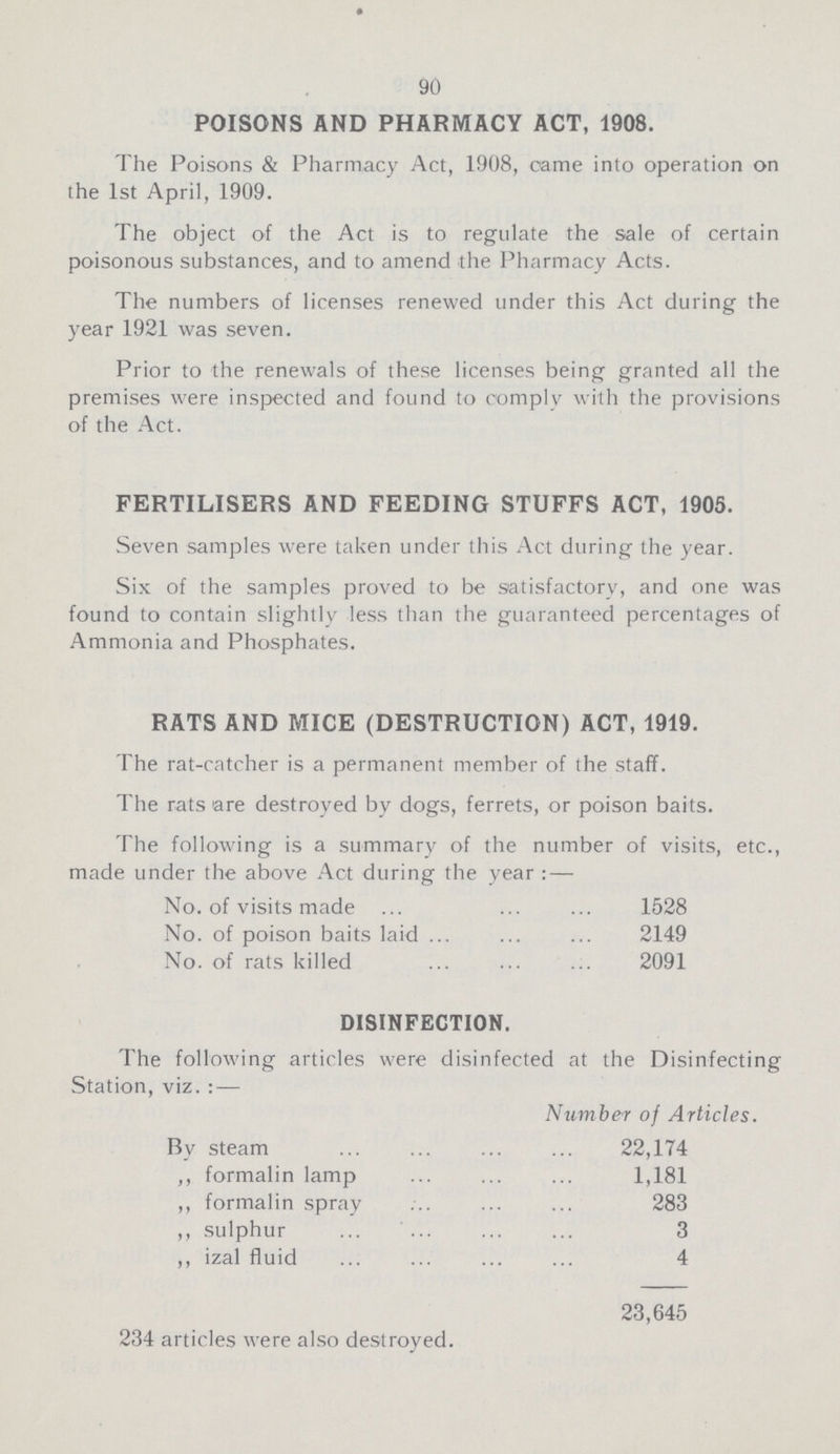 90 POISONS AND PHARMACY ACT, 1908. The Poisons & Pharmacy Act, 1908, came into operation on the 1st April, 1909. The object of the Act is to regulate the sale of certain poisonous substances, and to amend the Pharmacy Acts. The numbers of licenses renewed under this Act during the year 1921 was seven. Prior to the renewals of these licenses being granted all the premises were inspected and found to comply with the provisions of the Act. FERTILISERS AND FEEDING STUFFS ACT, 1905. Seven samples were taken under this Act during the year. Six of the samples proved to be satisfactory, and one was found to contain slightly less than the guaranteed percentages of Ammonia and Phosphates. RATS AND MICE (DESTRUCTION) ACT, 1919. The rat-catcher is a permanent member of the staff. The rats are destroyed by dogs, ferrets, or poison baits. The following is a summary of the number of visits, etc., made under the above Act during the year:— No. of visits made 1528 No. of poison baits laid 2149 No. of rats killed 2091 DISINFECTION. The following articles were disinfected at the Disinfecting Station, viz.:— Number of Articles. By steam 22,174 ,, formalin lamp 1,181 ,, formalin spray 283 ,, sulphur 3 ,, izal fluid 4 23,645 234 articles were also destroyed.