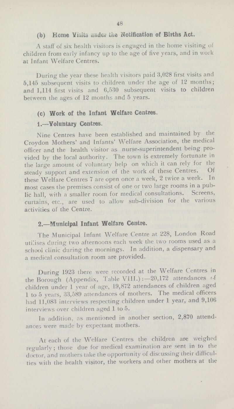 48 (b) Home Visits ander the Notification of Births Act. A staff of six health visitors is engaged in the home visiting of children from early infancy up to the age of live years, and in work at Infant Welfare Centres. During the year these health visitors paid 3,028 first visits and 5,145 subsequent visits to children under the age of 12 months; and 1,114 first visits and 6,530 subsequent visits to children between the ages of 12 months and 5 years. (c) Work of the Infant Welfare Centres. 1.—Voluntary Centres. Nine Centres have been established and maintained by the Croydon Mothers' and Infants' Welfare Association, the medical officer and the health visitor as nurse-superintendent being pro vided by the local authority. The town is extremely fortunate in the large amount of voluntary help on which it can rely for the steady support and extension of the work of these Centres. Of these Welfare Centres 7 are open once a week, 2 twice a week. In most cases the premises consist of one or two large rooms in a pub lic hall, with a smaller room for medical consultations. Screens, curtains, etc., are used to allow sub-division for the various activities of the Centre. 2.—Municipal Infant Welfare Centre. The Municipal Infant Welfare Centre at 228, London Road utilises during two afternoons each week the two rooms used as a school clinic during the mornings. In addition, a dispensary and a medical consultation room are provided. During 1923 there were recorded at the Welfare Centres in the Borough (Appendix, Table VIII.) :—20,172 attendances of children under 1 year of age, 19,872 attendances of children aged 1 to 5 years, 33,589 attendances of mothers. The medical officers had 11,083 interviews respecting children under 1 year, and 9,106 interviews over children aged 1 to 5. In addition, as mentioned in another section, 2,870 attend ances were made by expectant mothers. At each of the Welfare Centres the children are weighed regularly; those due for medical examination are sent in to the doctor, and mothers take the opportunity of discussing their difficul ties with the health visitor, the workers and other mothers at the