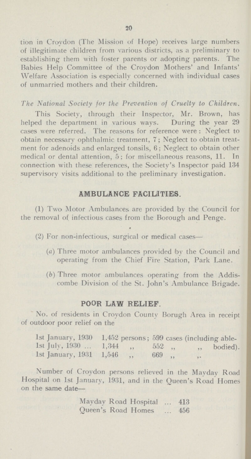 20 tion in Croydon (The Mission of Hope) receives large numbers of illegitimate children from various districts, as a preliminary to establishing them with foster parents or adopting parents. The Babies Help Committee of the Croydon Mothers' and Infants' Welfare Association is especially concerned with individual cases of unmarried mothers and their children. The National Society for the Prevention of Cruelty to Children. This Society, through their Inspector, Mr. Brown, has helped the department in various ways. During the year 29 cases were referred. The reasons for reference were : Neglect to obtain necessary ophthalmic treatment, 7; Neglect to obtain treat ment for adenoids and enlarged tonsils, 6; Neglect to obtain other medical or dental attention, 5; for miscellaneous reasons, 11. In connection with these references, the Society's Inspector paid 134 supervisory visits additional to the preliminary investigation. AMBULANCE FACILITIES. (1) Two Motor Ambulances are provided by the Council for the removal of infectious cases from the Borough and Penge. (2) For non-infectious, surgical or medical cases— (a) Three motor ambulances provided by the Council and operating from the Chief Fire Station, Park Lane. (b) Three motor ambulances operating from the Addis combe Division of the St. John's Ambulance Brigade. POOR LAW RELIEF. No. of residents in Croydon County Borugh Area in receipt of outdoor poor relief on the 1st January, 1930 1,452 persons; 599 cases (including able- lst July, 1930 ... 1,344 „ 552 „ „ bodied). 1st January, 1931 1,546 ,, 669 „ Number of Croydon persons relieved in the Mavday Road Hospital on 1st January, 1931, and in the Queen's Road Homes on the same date— Mayday Road Hospital 413 Queen's Road Homes 456