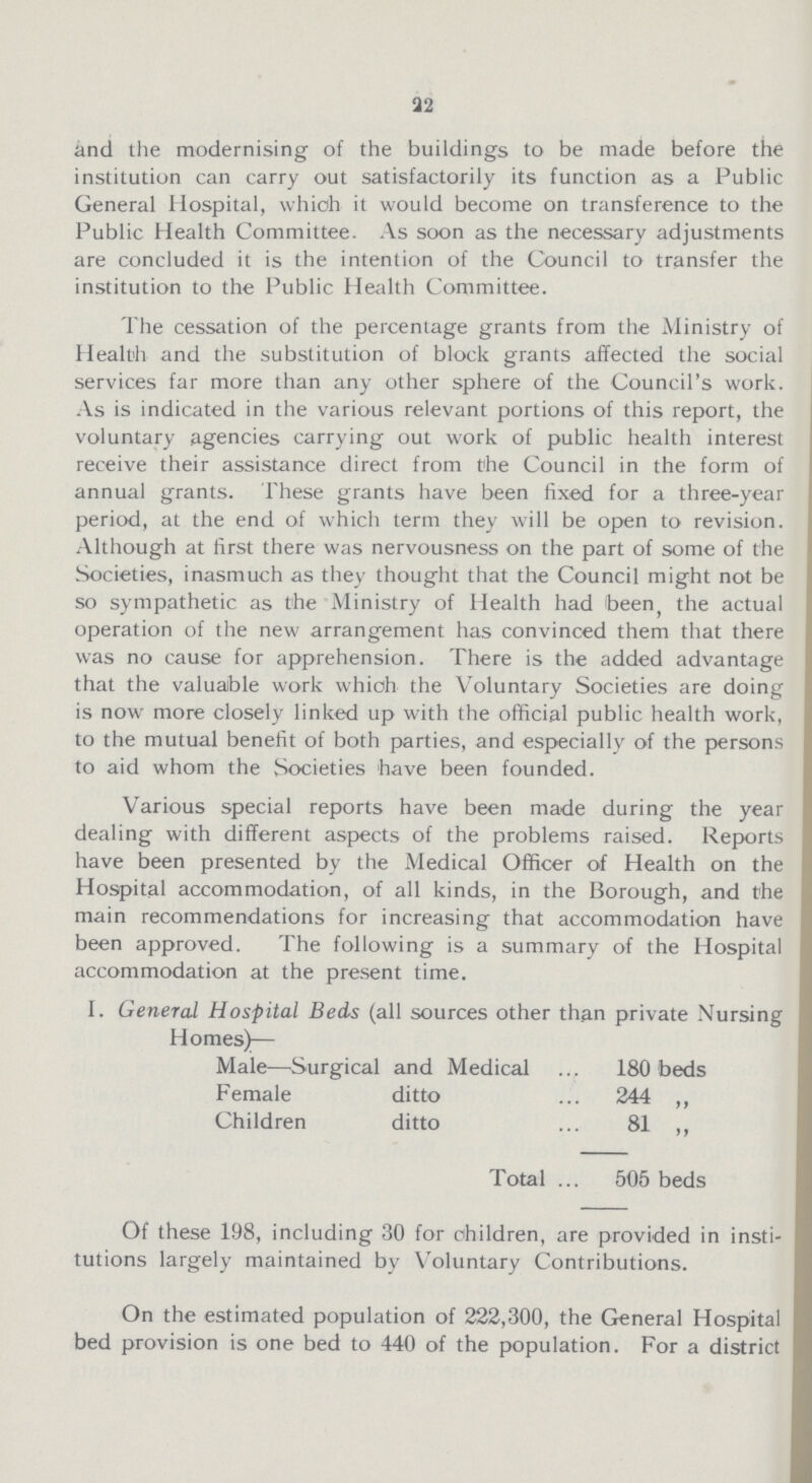 22 and the modernising of the buildings to be made before the institution can carry out satisfactorily its function as a Public General Hospital, which it would become on transference to the Public Health Committee. As soon as the necessary adjustments are concluded it is the intention of the Council to transfer the institution to the Public Health Committee. The cessation of the percentage grants from the Ministry of Health and the substitution of block grants affected the social services far more than any other sphere of the Council's work. As is indicated in the various relevant portions of this report, the voluntary agencies carrying out work of public health interest receive their assistance direct from the Council in the form of annual grants. These grants have been fixed for a three-year period, at the end of which term they will be open to revision. Although at first there was nervousness on the part of some of the Societies, inasmuch as they thought that the Council might not be so sympathetic as the Ministry of Health had been, the actual operation of the new arrangement has convinced them that there was no cause for apprehension. There is the added advantage that the valuable work which the Voluntary Societies are doing is now more closely linked up with the official public health work, to the mutual benefit of both parties, and especially of the persons to aid whom the Societies have been founded. Various special reports have been made during the year dealing with different aspects of the problems raised. Reports have been presented by the Medical Officer of Health on the Hospital accommodation, of all kinds, in the Borough, and the main recommendations for increasing that accommodation have been approved. The following is a summary of the Hospital accommodation at the present time. I. General Hospital Beds (all sources other than private Nursing Homes)— Male— Surgical and Medical 180 beds Female ditto 244 ,, Children ditto 81 ,, Total 505 beds Of these 198, including 30 for children, are provided in insti tutions largely maintained by Voluntary Contributions. On the estimated population of 222,300, the General Hospital bed provision is one bed to 440 of the population. For a district