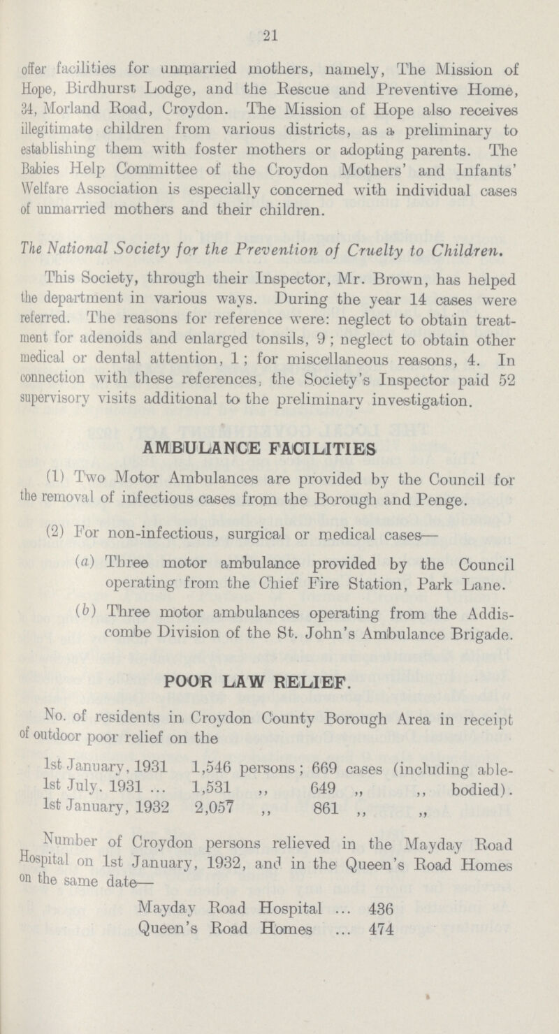 21 offer facilities for unmarried mothers, namely, The Mission of Hope, Birdhursr, Lodge, and the Rescue and Preventive Home, 34, Morland Road, Croydon. The Mission of Hope also receives illegitimate children from various districts, as a preliminary to establishing them with foster mothers or adopting parents. The Babies Help Committee of the Croydon Mothers' and Infants' Welfare Association is especially concerned with individual cases of unmarried mothers and their children. The National Society for the Prevention of Cruelty to Children. This Society, through their Inspector, Mr. Brown, has helped the department in various ways. During the year 14 cases were referred. The reasons for reference were: neglect to obtain treat ment for adenoids and enlarged tonsils, 9 ; neglect to obtain other medical or dental attention, 1; for miscellaneous reasons, 4. In connection with these references; the Society's Inspector paid 52 supervisory visits additional to the preliminary investigation. AMBULANCE FACILITIES (1) Two Motor Ambulances are provided by the Council for the removal of infectious cases from the Borough and Penge. (2) For non-infectious, surgical or medical cases— (a) Three motor ambulance provided by the Council operating from the Chief Fire Station, Park Lane. (b) Three motor ambulances operating from the Addis combe Division of the St. John's Ambulance Brigade. POOR LAW RELIEF. No. of residents in Croydon County Borough Area in receipt of outdoor poor relief on the 1st January, 1931 1,546 persons; 669 cases (including able 1st July. 1931 1,531 „ 649 „ „ bodied). 1st January, 1932 2,057 ,, 861 ,, „ Number of Croydon persons relieved in the Mayday Road Hospital on 1st January, 1932, and in the Queen's Road Homes on the same date— Mayday Road Hospital 436 Queen's Road Homes 474