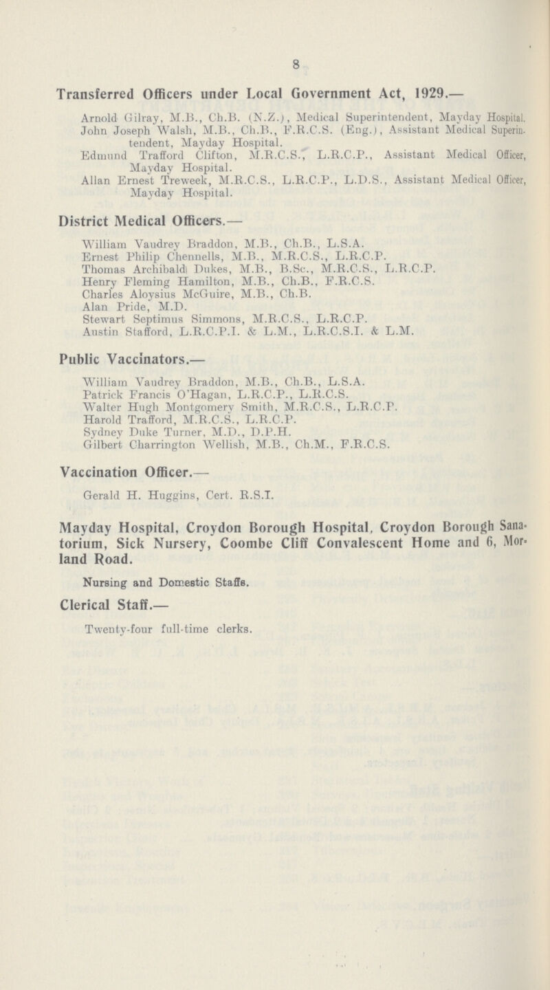 8 Transferred Officers under Local Government Act, 1929.— Arnold Gilray, M.B., Ch.B. (N.Z.), Medical Superintendent, Mayday Hospital. John Joseph Walsh, M.B., Ch.B., F.R.C.S. (Eng.), Assistant Medical Superin. tendent, Mayday Hospital. Edmund Trafford Clifton, M.R.C.S.i L.R.C.P., Assistant Medical Officer, Mayday Hospital. Allan Ernest Treweek, M.R.C.S., L.R.C.P., L.D.S., Assistant Medical Officer, Mayday Hospital. District Medical Officers.— William Vaudrey Braddon, M.B., Ch.B., L.S.A. Ernest Philip Chennells, M.B., M.R.C.S., L.R.C.P. Thomas Archibald! Dukes, M.B., B.Sc., M.R.C.S., L.R.C.P. Henry Fleming Hamilton, M.B., Ch.B., F.R.C.S. Charles Aloysius McGuire, M.B., Ch.B. Alan Pride, M.D. Stewart Septimus Simmons, M.R.C.S., L.R.C.P. Austin Stafford, L.R.C.P.I. & L.M., L.R.C.S.I. & L.M. Public Vaccinators.— William Vaudrey Braddon, M.B., Ch.B., L.S.A. Patrick Francis O'Hagan, L.R.C.P., L.R.C.S. Walter Hugh Montgomery Smith, M.R.C.S., L.R.C.P. Harold Trafford, M.R.C.S., L.R.C.P. Sydney Duke Turner, M.D., D.P.H. Gilbert Charrington Wellish, M.B., Ch.M., F.R.C.S. Vaccination Officer.— Gerald H. Huggins, Cert. R.S.I. Mayday Hospital, Croydon Borough Hospital, Croydon Borough Sana torium, Sick Nursery, Coombe Cliff Convalescent Home and 6, Mor land Road. Nursing and Domestic Staffs. Clerical Staff.— Twenty-four full-time clerks.