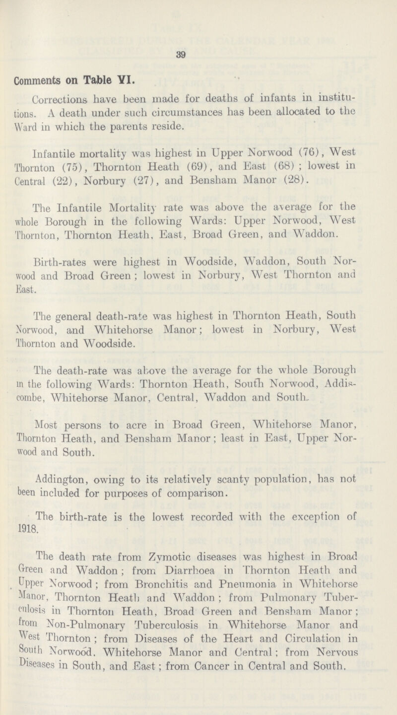 39 Comments on Table VI. Corrections have been made for deaths of infants in institu tions. A death under such circumstances has been allocated to the Ward in which the parents reside. Infantile mortality was highest in Upper Norwood (76), West Thornton (75), Thornton Heath (69), and East (68) ; lowest in Central (22), Norbury (27), and Bensham Manor (28). The Infantile Mortality rate was above the average for the whole Borough in the following Wards: Upper Norwood, West Thornton, Thornton Heath, East, Broad Green, and Waddon. Birth-rates were highest in Woodside, Waddon, South Nor wood and Broad Green; lowest in Norbury, West Thornton and East. The general death-rate was highest in Thornton Heath, South Norwood, and Whitehorse Manor; lowest in Norbury, West Thornton and Woodside. The death-rate was above the average for the whole Borough in the following Wards: Thornton Heath, South Norwood, Addis combe, Whitehorse Manor, Central, Waddon and South- Most persons to acre in Broad Green, Whitehorse Manor, Thornton Heath, and Bensham Manor; least in East, Upper Nor wood and South. Addington, owing to its relatively scanty population, has not been included for purposes of comparison. The birth-rate is the lowest recorded with the exception of 1918. The death rate from Zymotic diseases was highest in Broad Green and Waddon; from Diarrhoea in Thornton Heath and Upper Norwood; from Bronchitis and Pneumonia in Whitehorse Manor, Thornton Heath and Waddon ; from Pulmonary Tuber culosis in Thornton Heath, Broad Green and Bensham Manor; from Non-Pulmonary Tuberculosis in Whitehorse Manor and West Thornton; from Diseases of the Heart and Circulation in South Norwood. Whitehorse Manor and Central; from Nervous Diseases in South, and East; from Cancer in Central and South.