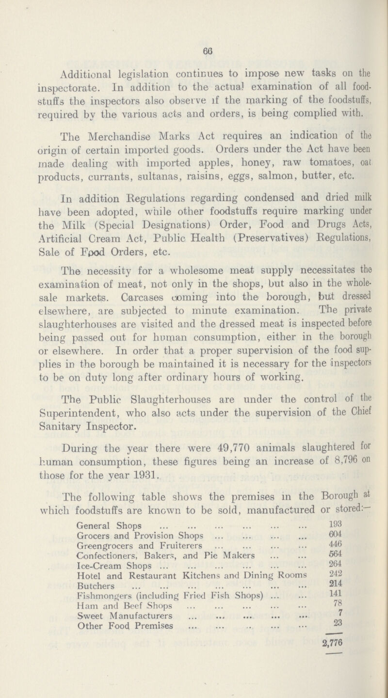 66 Additional legislation continues to impose new tasks on the inspectorate. In addition to the actual examination of all food stuffs the inspectors also observe if the marking of the foodstuffs, required by the various acts and orders, is being complied with. The Merchandise Marks Act requires an indication of the origin of certain imported goods. Orders under the Act have been made dealing with imported apples, honey, raw tomatoes, oat products, currants, sultanas, raisins, eggs, salmon, butter, etc. In addition Regulations regarding condensed and dried milk have been adopted, while other foodstuffs require marking under the Milk (Special Designations) Order, Food and Drugs Acts, Artificial Cream Act, Public Health (Preservatives) Regulations, Sale of Fpod Orders, etc. The necessity for a wholesome meat supply necessitates the examination of meat, not only in the shops, but also in the whole sale markets. Carcases coming into the borough, but dressed elsewhere, are subjected to minute examination. The private slaughterhouses are visited and the dressed meat is inspected before being passed out for human consumption, either in the borough or elsewhere. In order that a proper supervision of the food sup plies in the borough be maintained it is necessary for the inspectors to be on duty long after ordinary hours of working. The Public Slaughterhouses are under the control of the Superintendent, who also acts under the supervision of the Chief Sanitary Inspector. During the year there were 49,770 animals slaughtered for human consumption, these figures being an increase of 8,796 on those for the year 1931. The following table shows the premises in the Borough at which foodstuffs are known to be sold, manufactured or stored:— General Shops 193 Grocers and Provision Shops 604 Greengrocers and Fruiterers 446 Confectioners, Bakers, and Pie Makers 564 Ice-Cream Shops 264 Hotel and Restaurant Kitchens and Dining Rooms 242 Butchers 214 Fishmongers (including Fried Fish Shops) 141 Ham and Beef Shops 78 Sweet Manufacturers 7 Other Food Premises 23 2,776