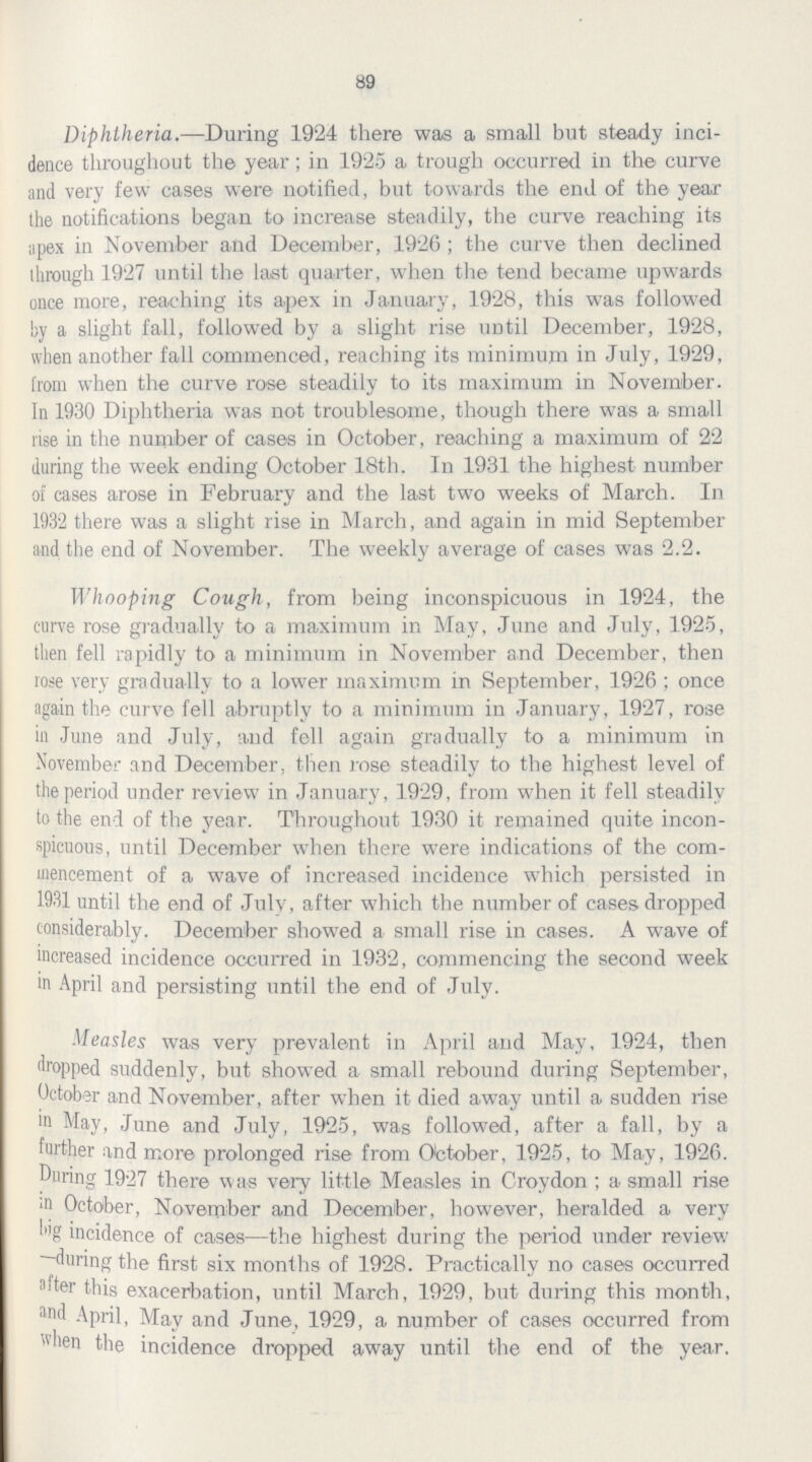 89 Diphtheria.—During 1924 there was a small but steady inci dence throughout the year; in 1925 a trough occurred in the curve and very few cases were notified, but towards the end of the year the notifications began to increase steadily, the curve reaching its apex in November and December, 1926; the curve then declined through 1927 until the last quarter, when the tend became upwards once more, reaching its apex in January, 1928, this was followed by a slight fall, followed by a slight rise until December, 1928, when another fall commenced, reaching its minimum in July, 1929, from when the curve rose steadily to its maximum in November. In 1930 Diphtheria was not troublesome, though there was a small rise in the number of cases in October, reaching a maximum of 22 during the week ending October 18th. In 1931 the highest number of cases arose in February and the last two weeks of March. In 1932 there was a slight rise in March, and again in mid September and the end of November. The weekly average of cases was 2.2. Whooping Cough, from being inconspicuous in 1924, the curve rose gradually to a maximum in May, June and July, 1925, then fell rapidly to a minimum in November and December, then rose very gradually to a lower maximum in September, 1926; once again the curve fell abruptly to a minimum in January, 1927, rose in June and July, and fell again gradually to a minimum in November and December, then rose steadily to the highest level of the period under review in January, 1929, from when it fell steadily to the end of the year. Throughout 1930 it remained quite incon spicuous, until December when there were indications of the com mencement of a wave of increased incidence which persisted in 1931 until the end of July, after which the number of cases, dropped considerably. December showed a small rise in cases. A wave of increased incidence occurred in 1932, commencing the second week in April and persisting until the end of July. Measles was very prevalent in April and May, 1924, then dropped suddenly, but showed a small rebound during September, October and November, after when it died away until a sudden rise in May, June and July, 1925, was followed, after a fall, by a further and more prolonged rise from October, 1925, to May, 1926. During 1927 there was very little Measles in Croydon; a small rise in October, November and December, however, heralded a very big incidence of cases—the highest during the period under review -during the first six months of 1928. Practically no cases occurred alter this exacerbation, until March, 1929, but during this month, and April, May and June, 1929, a number of cases occurred from when the incidence dropped away until the end of the year.