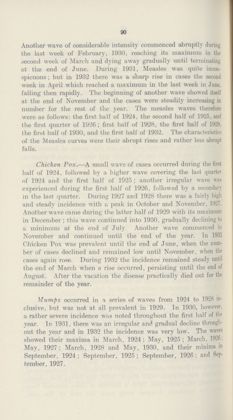 90 Another wave of considerable intensity commenced abruptly during the last week of February, 1930, reaching its maximum in the second week of March and dying away gradually until terminating at the end of June. During 1931, Measles was quite incon spicuous; but in 1932 there was a sharp rise in cases the second week in April which reached a maximum in the last week in June, falling then rapidly. The beginning of another wave showed itself at the end of November and the cases were steadily increasing in number for the rest of the year. The measles waves therefore were as follows: the first half of 1924, the second half of 1925, and the first quarter of 1926; first half of 1928, the first half of 1929, the first half of 1930, and the first half of 1932. The characteristics of the Measles curves were their abrupt rises and rather less abrupt falls. Chicken Pox.—A small wave of cases occurred during the first half of 1924, followed by a higher wave covering the last quarter of 1924 and the first half of 192-5; another irregular wave was experienced during the first half of 1926, followed by a secondary in the last quarter. During 1927 and 1928 there was a fairly high and steady incidence with a peak in October and November, 1927. Another wave came during the latter half of 1929 with its maximum in December; this wave continued into 1930, gradually declining to a minimum at the end of July. Another wave commenced in November and continued until the end of the year. In 1931 Chicken Pox was prevalent until the end of June, when the num ber of cases declined and remained low until November, when the cases again rose. During 1932 the incidence remained steady until the end of March when a rise occurred, persisting until the end of August. After the vacation the disease practically died out for the remainder of the year. Mumps occurred in a series of waves from 1924 to 1928 in clusive, but was not at all prevalent in 1929. In 1930, however, a rather severe incidence was noted throughout the first half of the year. In 1931, there was an irregular and gradual decline through out the year and in 1932 the incidence was very low. The waves showed their maxima in March, 1924; May, 1925; March, 1926; May, 1927; March, 1928 and May, 1930, and their minima in September, 1924; September, 1925; September, 1926; and Sep tember, 1927.