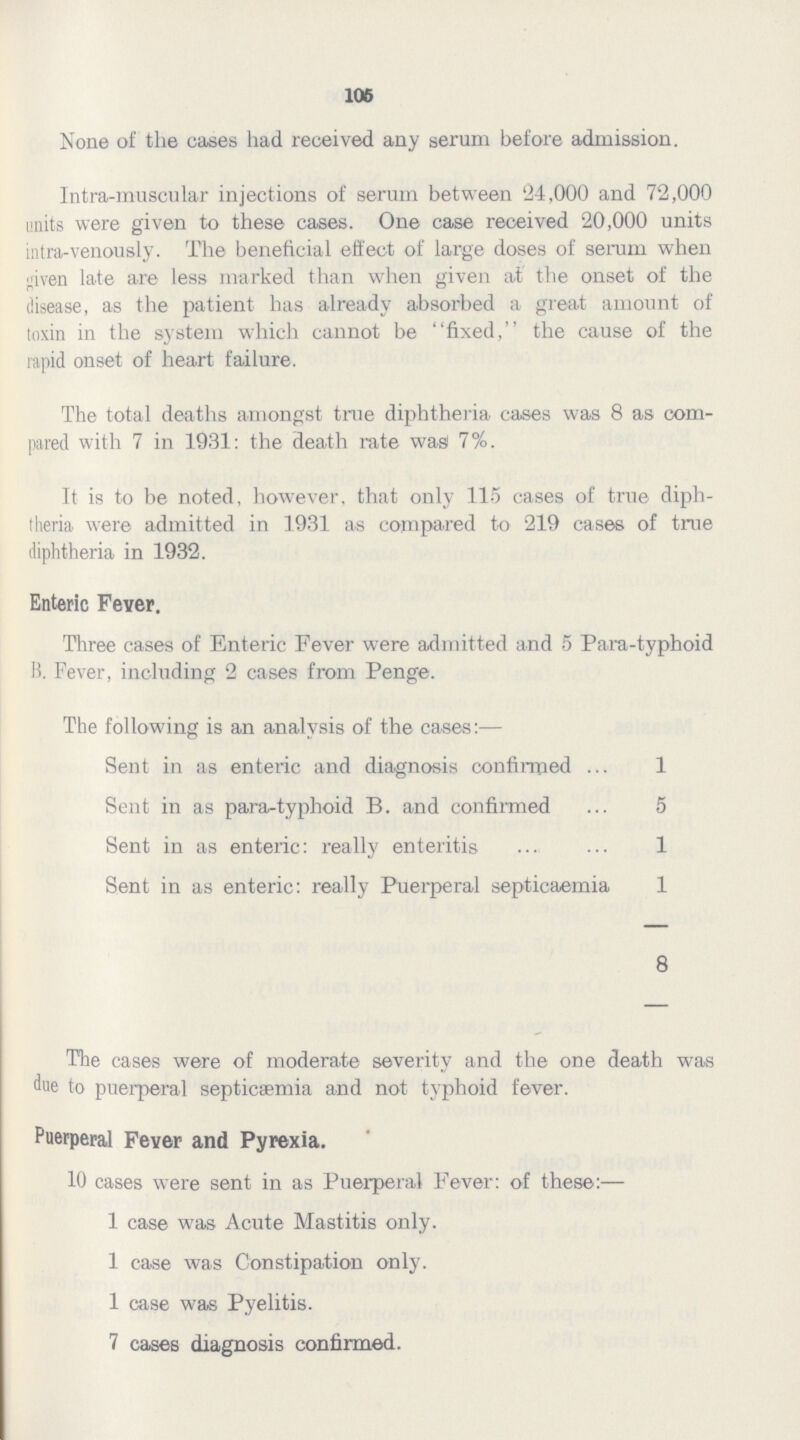 105 None of the cases had received any serum before admission. Intra-muscular injections of serum between 24,000 and 72,000 units were given to these cases. One case received 20,000 units intra-venously. The beneficial effect of large doses of serum when given late are less marked than when given at the onset of the disease, as the patient has already absorbed a great amount of toxin in the system which cannot be fixed, the cause of the rapid onset of heart failure. The total deaths amongst true diphtheria cases was 8 as com pared with 7 in 1931: the death rate was 7%. It is to be noted, however, that only 115 cases of true diph theria were admitted in 1931 as compared to 219 cases of true diphtheria in 1932. Enteric Fever. Three cases of Enteric Fever were admitted and 5 Para-typhoid B. Fever, including 2 cases from Penge. The following is an analysis of the cases:— Sent in as enteric and diagnosis confirmed 1 Sent in as para-typhoid B. and confirmed 5 Sent in as enteric: really enteritis 1 Sent in as enteric: really Puerperal septicaemia 1 8 The cases were of moderate severity and the one death was due to puerperal septicaemia and not typhoid fever. Puerperal Fever and Pyrexia. 10 cases were sent in as Puerperal Fever: of these:— 1 case was Acute Mastitis only. 1 case was Constipation only. 1 case was Pyelitis. 7 cases diagnosis confirmed.