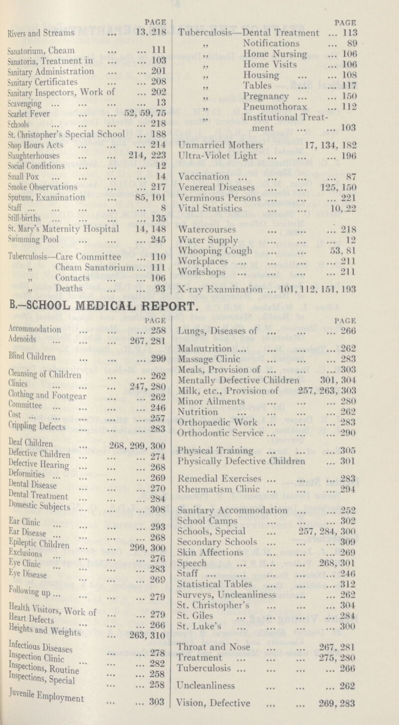 PAGE Rivers and Streams 13,218 Sanatorium, Cheam 111 Sanatoria, Treatment in 103 Sanitary Administration 201 Sanitary Certificates 208 Sanitary Inspectors, Work of 202 Scavenging 13 Scarlet Fever 52, 59, 75 Schools 218 St. Christopher's Special School 188 Shop Hours Acts 214 Slaughterhouses 214, 223 Social Conditions 12 Small Pox 14 Smoke Observations 217 Sputum, Examination 85,101 Staff 8 Still-births 135 St. Mary's Maternity Hospital 14, 148 Swimming Pool 245 Tuberculosis—Care Committee 110 „ Cheam Sanatorium 111 „ Contacts 106 „ Deaths 93 PAGE Tuberculosis—Dental Treatment 113 „ Notifications 89 „ Home Nursing 106 „ Home Visits 106 „ Housing 108 Tables 117 „ Pregnancy 150 „ Pneumothorax 112 „ Institutional Treat ment 103 Unmarried Mothers 17, 134, 182 Ultra-Violet Light 196 Vaccination 87 Venereal Diseases 125, 150 Verminous Persons 221 Vital Statistics 10, 22 Watercourses 218 Water Supply 12 Whooping Cough 53, 81 Workplaces 211 Workshops 211 X-ray Examination 101, 112, 151, 193 B.-SCHOOL MEDICAL REPORT. PAGE I Accommodation 258 Adenoids 267,281 Blind Children 299 Cleansing of Children 262 Clinics 247, 280 Clothing and Footgear 262 Committee 246 Cost 257 Crippling Defects 283 Deaf Children 268,299,300 Defective Children 274 Detective Hearing 268 Deformities 269 Dental Disease 270 Dental Treatment 284 Domestic Subjects 308 Ear Clinic 293 Ear Disease. 268 Epileptic Children 299, 300 Exclusions 276 Eye Clinic 283 Eye Disease 269 Following up 279 Health Visitors, Work of 279 Heart Defects 266 Heights and Weights 263,310 Infectious Diseases 278 Inspection Clinic 282 Inspections, Routine 258 Inspections, Special 258 juvenile Employment 303 PAGE Lungs, Diseases of 266 Malnutrition 262 Massage Clinic 283 Meals, Provision of 303 Mentally Defective Children 301, 304 Milk, etc., Provision of 257, 263, 303 Minor Ailments 280 Nutrition 262 Orthopaedic Work 283 Orthodontic Service 290 Physical Training 305 Physically Defective Children 301 Remedial Exercises 283 Rheumatism Clinic 294 Sanitary Accommodation 252 School Camps 302 Schools, Special 257,284, 300 Secondary Schools 309 Skin Affections 269 Speech 268,301 Staff 246 Statistical Tables 312 Surveys, Uncleanliness 262 St. Christopher's 304 St. Giles 284 St. Luke's 300 Throat and Nose 267, 281 Treatment 275,280 Tuberculosis 266 Uncleanliness 262 Vision, Defective 269,283