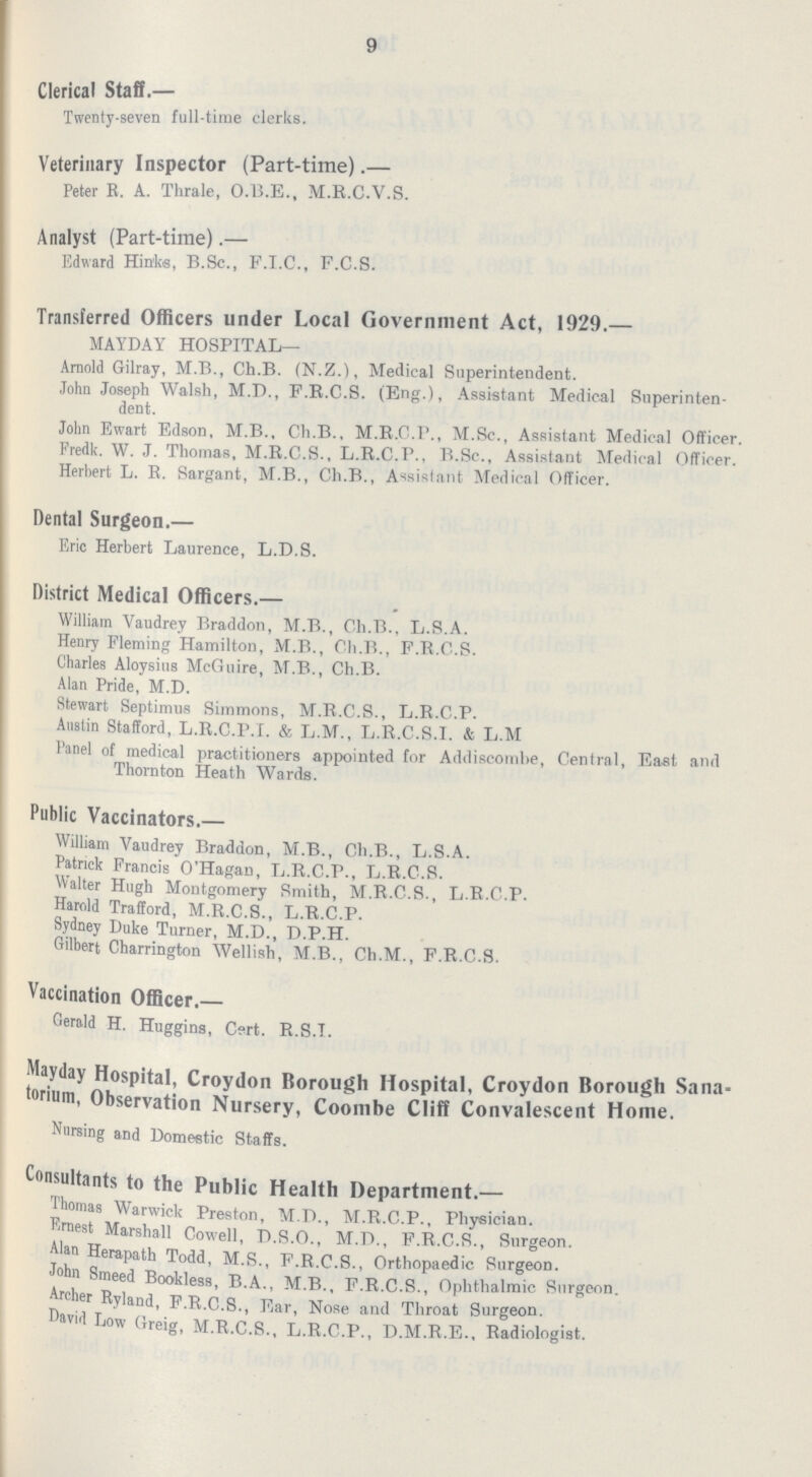 9 Clerical Staff.— Twenty-seven full-time clerks. Veterinary Inspector(Part-time).— Peter R. A. Thrale, O.B.E., M.R.C.V.S. Analyst(Part-time).— Edward Hinks, B.Sc., F.I.C., F.C.S. Transferred Officers under Local Government Act, 1929.— MAYDAY HOSPITAL— Arnold Gilray, M.B., Ch.B. (N.Z.), Medical Superintendent. John Joseph Walsh, M.D., F.R.C.S. (Eng.), Assistant Medical Superiten¬ dent. John Ewart Edson, M.B.. Ch.B.. M.R.C.P., M.Sc., Assistant Medical Officer. Fredk W. J. Thomas, M.R.C.S.. L.R.C.P., B.Sc., Assistant Medical Officer. Herbert L. R. Sargant, M.B., Ch.B., Assistant Medical Officer. Dental Surgeon.— Eric Herbert Laurence, L.D.S. District Medical Officers.— William Vaudrey Braddon, M.B., Ch.B., L.S.A. Henry Fleming Hamilton, M.B., Ch.B., F.R.C.S. Charles Aloysius McGuire, M.B., Ch.B. Alan Pride, M.D. Stewart Septimus Simmons, M.R.C.S., Tj.R.C.P. Austin Stafford, L.R.C.P.L & L.M., L.R.C.S.I. & L.M Panel of medical practitioners appointed for Addiscombe, Central, East and Thornton Heath Wards. Public Vaccinators.— William Vaudrey Braddon, M.B., Ch.B., L.S.A. Patrick Francis O'Hagan, L.R.C.P., L.R.C.8. Walter Hugh Montgomery Smith, M.R.C.S., L.R.C.P. Harold Trafford, M.R.C.S., L.R.C.P. Sydney Duke Turner, M.D., D.P.H. Gilbert Charrington Wellish, M.B., Ch.M., F.R.C.S. Vaccination Officer.— Gerald H. Huggins, Cert. R.S.I. Mayday Hospital, Croydon Borough Hospital, Croydon Borough Sana torium, Observation Nursery, Coombe Cliff Convalescent Home. Nursing and Domestic Staffs. Consultants to the Public Health Department.— Thomas Warwick Preston, M.P., M.R.C.P., Physician. Ernest Marshall Cowell, D.S.O., M.D., F.R.C.S., Surgeon. Alan Herapath Todd, M.S., F.R.C.S., Orthopaedic Surgeon. John Smeed Bookless, B.A., M.B., F.R.C.S., Ophthalmic Surgeon. Archer Ryland, F.R.C.S., Ear, Nose and Throat Surgeon. David Low Greig, M.R.C.S., L.R.C.P., D.M.R.E., Radiologist.