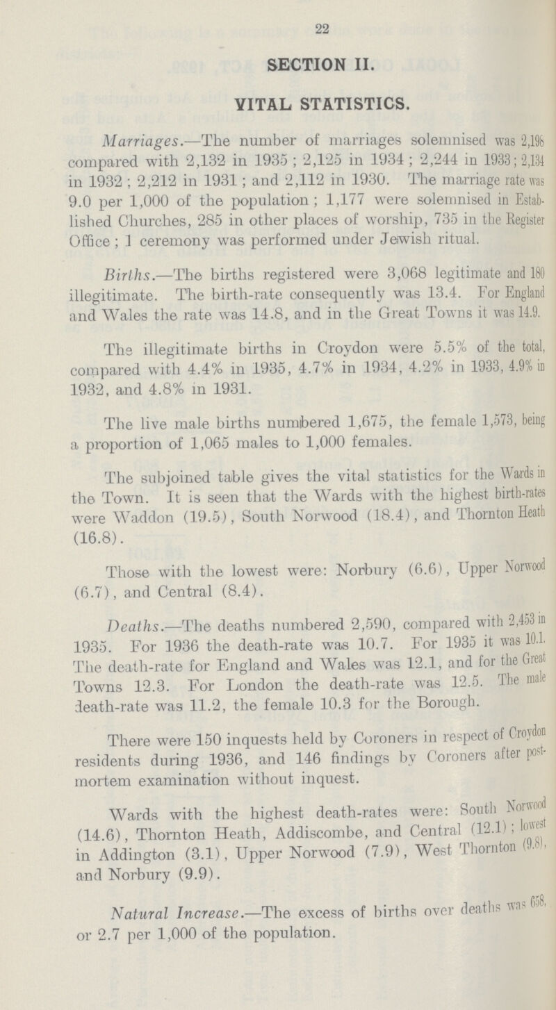 22 SECTION II. VITAL STATISTICS. Marriages.—The number of marriages solemnised was 2,1% compared with 2,132 in 1935; 2,125 in 1934; 2,244 in 1933; 2,134 in 1932; 2,212 in 1931; and 2,112 in 1930. The marriage rate was 9.0 per 1,000 of the population; 1,177 were solemnised in Estab lished Churches, 285 in other places of worship, 735 in the Register Office; 1 ceremony was performed under Jewish ritual. Births.—The births registered were 3,068 legitimate and 180 illegitimate. The birth-rate consequently was 13.4. For England and Wales the rate was 14.8, and in the Great Towns it was 14.9. The illegitimate births in Croydon were 5.5% of the total, compared with 4.4% in 1935, 4.7% in 1934, 4.2% in 1933, 4.9% in 1932, and 4.8% in 1931. The live male births numibered 1,675, the female 1,573, being a proportion of 1,065 males to 1,000 females. The subjoined table gives the vital statistics for the Wards in the Town. It is seen that the Wards with the highest birth-rates were Waddon (19.5), South Norwood (18.4), and Thornton Heath (16.8). Those with the lowest were: Norbury (6.6), Upper Norwood (6.7), and Central (8.4). Deaths.—The deaths numbered 2,590, compared with 2,453 in 1935. For 1936 the death-rate was 10.7. For 1935 it was 10.1. The death-rate for England and Wales was 12.1, and for the Great Towns 12.3. For London the death-rate was 12.5. The male death-rate was 11.2, the female 10.3 for the Borough. There were 150 inquests held by Coroners in respect of Croydon residents during 1936, and 146 findings by Coroners after post mortem examination without inquest. Wards with the highest death-rates were: South Norwood (14.6), Thornton Heath, Addiscombe, and Central (12.1): lowest in Addington (3.1), Upper Norwood (7.9), West Thornton (9.8). and Norbury (9.9). Natural Increase.—The excess of births over deaths was 658, or 2.7 per 1,000 of the population.