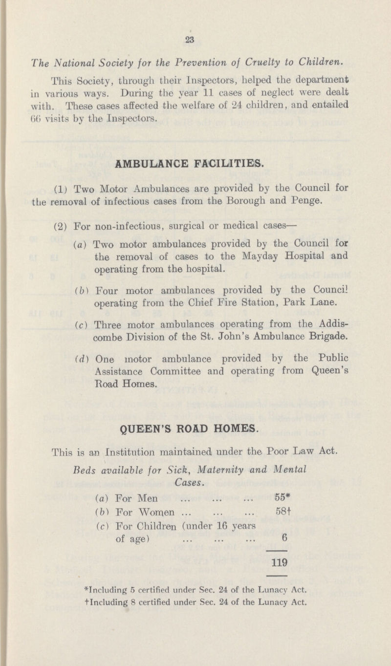 23 The National Society for the Prevention of Cruelty to Children. This Society, through their Inspectors, helped the department in various ways. During the year 11 cases of neglect were dealt with. These cases affected the welfare of 24 children, and entailed 66 visits by the Inspectors. AMBULANCE FACILITIES. (1) Two Motor Ambulances are provided by the Council for the removal of infectious cases from the Borough and Penge. (2) For non-infectious, surgical or medical cases— (a) Two motor ambulances provided by the Council for the removal of cases to the Mayday Hospital and operating from the hospital. (b) Four motor ambulances provided by the Council operating from the Chief Fire Station, Park Lane. (c) Three motor ambulances operating from the Addis combe Division of the St. John's Ambulance Brigade. (d) One motor ambulance provided by the Public Assistance Committee and operating from Queen's Road Homes. QUEEN'S ROAD HOMES. This is an Institution maintained under the Poor Law Act. Beds available for Sick, Maternity and Mental Cases. (a) For Men 55* (b) For Women 58† (c) For Children (under 16 years of age) 6 119 *Including 5 certified under Sec. 24 of the Lunacy Act. †lncluding 8 certified under Sec. 24 of the Lunacy Act.