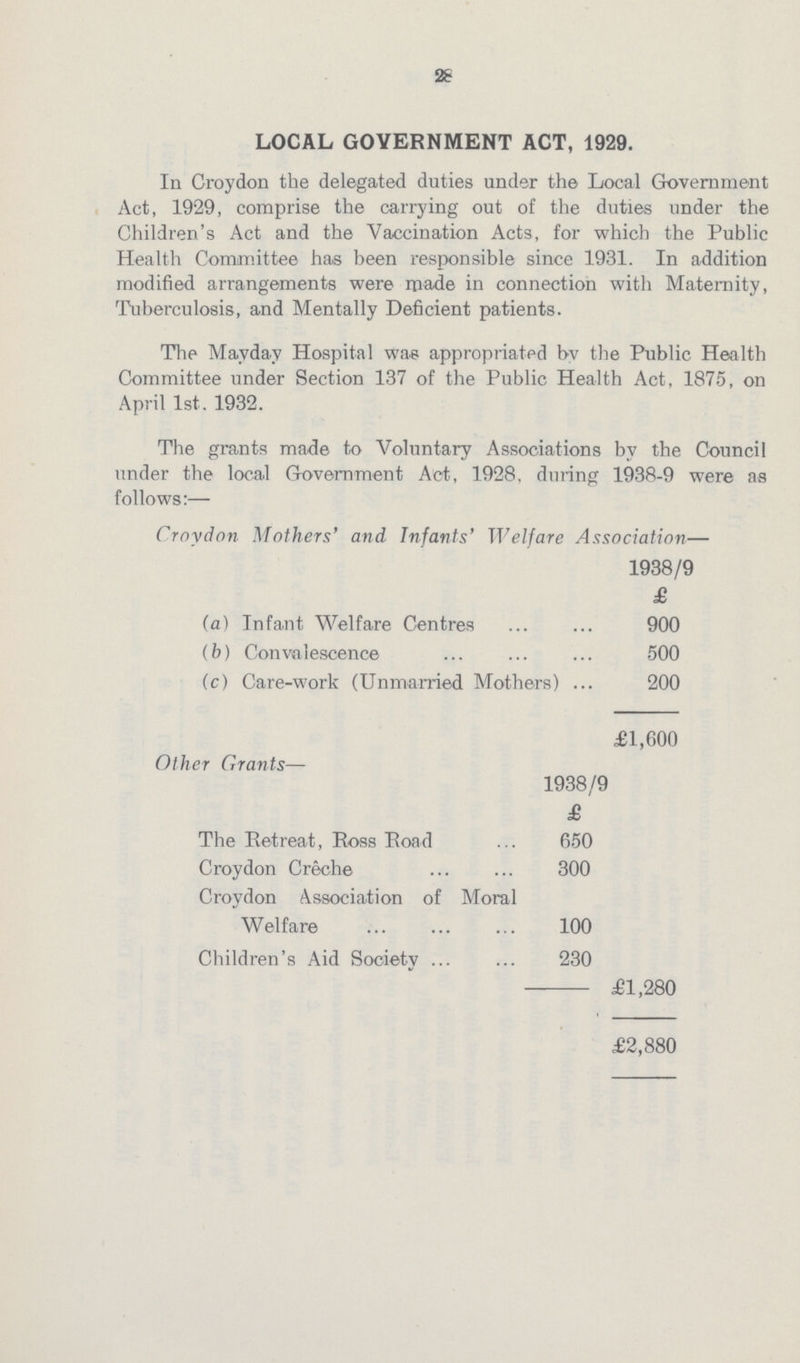 28 LOCAL GOVERNMENT ACT, 1929. In Croydon the delegated duties under the Local Government Act, 1929, comprise the carrying out of the duties under the Children's Act and the Vaccination Acts, for which the Public Health Committee has been responsible since 1931. In addition modified arrangements were made in connection with Maternity, Tuberculosis, and Mentally Deficient patients. The Mayday Hospital was appropriated by the Public Health Committee under Section 137 of the Public Health Act, 1875, on April 1st. 1932. The grants made to Voluntary Associations by the Council under the local Government Act, 1928, during 1938-9 were as follows:— Croydon Mothers' and Infants' Welfare Association— 1938/9 £ (a) Infant Welfare Centres 900 (b) Convalescence 500 (c) Care-work (Unmarried Mothers) 200 £1,600 Other Grants— 1938/9 £ The Retreat, Ross Road 650 Croydon Creche 300 Croydon Association of Moral Welfare 100 Children's Aid Society 230 £1,280 £2,880
