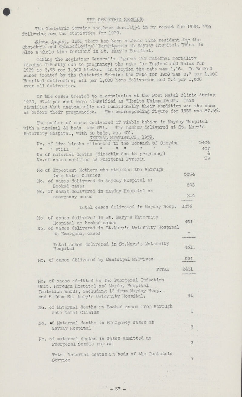 THE OBSTETRIC SERVICE ThE Obstetric Service has.been described in my Report for 1938. The following ate the statistics for 1939. Since, August, 19.39 there has been a whole time resident for the Obstetric and Gynaecological Departments in Mayday Hospital. There is also a whole time resident in St. Mary's Hospital. Taking the Registrar General's figures for maternal mortality (deaths directly due to pregnancy) the rate for England and Wales for 1939 is 2.93 per 1,000 births. In Croydon the rate was 1,16. In Booked cases treated by the Obstetric Service the rate for 1939 was 0.7 per 1,000 Hospital deliveries; nil per 1,000 home deliveries and 0,4 per 1,000 over all deliveries. Of the cases treated to a conclusion at the Post Natal Clinic during 1939, 97.4 per cent were classified as Health Unimpaired. This signifies that anatomically and functionally their condition was the same as before their pregnancies. The corresponding figure for 1938 was 87,5%. The number of cases delivered of viable babies in Mayday Hospital with a nominal 48 beds, was 871. The number delivered at St. Mary's Maternity Hospital, with 30 beds, was 451. GENERAL STATISTICS, 1939. No, of live births allocated to the Borough of Croydon 3404   still 407 No of maternal deaths (directly due to pregnancy) 4 No. of cases notified as Puerperal Pyrexia 39 No of Expectant Mothers who attended the Borough Ante Natal Clinics 3334 No, of cases delivered in Mayday Hospital as Booked cases 822 No. of cases delivered in Mayday Hospital as emergency cases 214 Total cases delivered in Mayday Hosp. 1036 No. of cases delivered in St. Mary's Maternity Hospital as booked cases 451 No. of cases delivered in St. Mary's Maternity Hospital as Emergency cases Total cases delivered in St. Mary's Maternity Hospital 451. No. of cases delivered by Municipal Midwives 994 TOTAL 2481 No. of cases admitted to the Puerperal Infection Unit, Borough Hospital and Mayday Hospital Isolation Wards, including 13 from Mayday Hosp. and 8 from St. Mary's Maternity Hospital. 41 No. of Maternal deaths in Booked cases from Borough Ante Natal Clinics 1 No, of Maternal deaths in Emergency cases at Mayday Hospital 2 No, of maternal deaths in cases admitted as Puerperal Sepsis per se 2 Total Maternal deaths in bods of the Obstetric Service 5 37