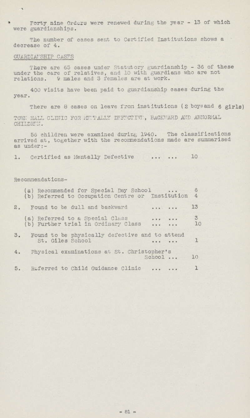 Forty nine Orders were renewed during the year - 13 of which were guardianships. The number of cases sent to Certified Institutions shows a decrease of 4. GUARDIANSHIP CASES There are 65 cases under Statutory guardianship - 36 of these under the care of relatives, and 10 with guardians who are not relations. 9 males and 3 females are at work. 400 visits have been paid to guardianship cases during the year. There are 8 cases on leave from institutions (2 boys and 6 girls) TOWN HALL CLINIC FOR MENTALLY DEFFCTP/T , BACKWARD AND ABNORMAL CHILDREN. 56 children were examined during 1940. The classifications arrived at, together with the recommendations made are summarised as under 1. Certified as Mentally Defective 10 Recommendations- (a) Recommended for Special Day School 6 (b) Referred to Occupation Centre or Institution 4 2. Found to be dull and backward 13 (a) Referred to a Special Class 3 (b) Further trial in Ordinary Class 10 3. Found to be physically defective and to attend St. Giles Sohool 1 4. Physical examinations at St. Christopher's School 10 5. Referred to Child Guidance Clinic 1 - 81 -