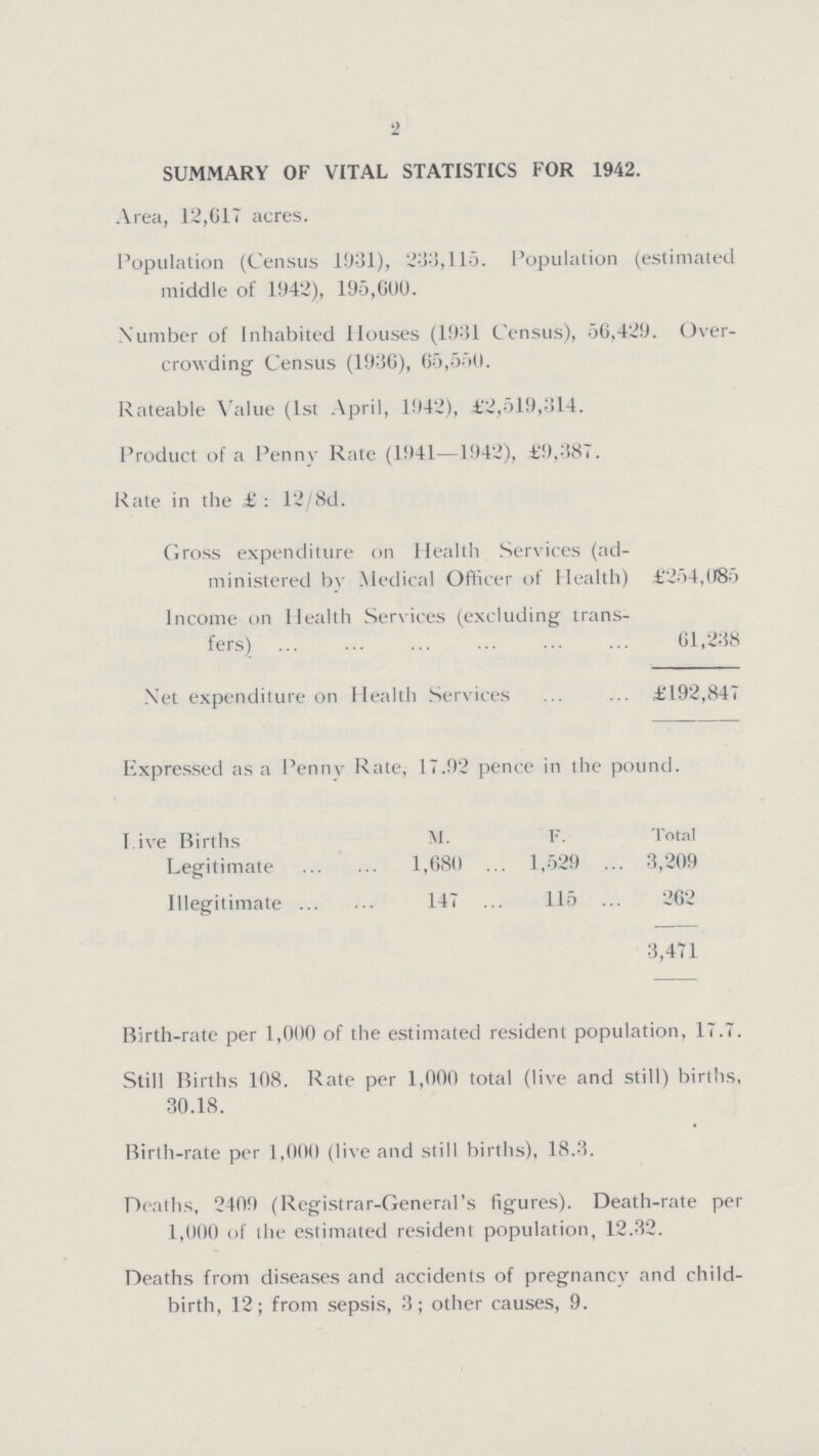 2 SUMMARY OF VITAL STATISTICS FOR 1942. Area, 12,617 acres. Population (Census 1931), 233,115. Population (estimated middle of 1942), 195,600. Number of Inhabited Houses (1931 Census), 56,429. Over crowding Census (1936), 65,550. Rateable Value (1st April, 1942), £2,519,314. Product of a Penny Rate (1941—1942), £9,387. Rate in the £: 12/8d. Gross expenditure on Health Services (ad ministered bv Medical Officer of Health) £254,085 Income on Health Services (excluding trans fers) 61,238 Net expenditure on Health Services £192,847 Expressed as a Penny Rate, 17.92 pence in the pound. l ive Births M. F. Total Legitimate 1,680 1,529 3,209 Illegitimate 147 115 262 3,471 Birth-rate per 1,000 of the estimated resident population, 17.7. Still Births 108. Rate per 1,000 total (live and still) births, 30.18. Birth-rate per 1,000 (live and still births), 18.3. Deaths, 2409 (Registrar-General's figures). Death-rate per 1,000 of the estimated resident population, 12.32. Deaths from diseases and accidents of pregnancy and child birth, 12; from sepsis, 3; other causes, 9.