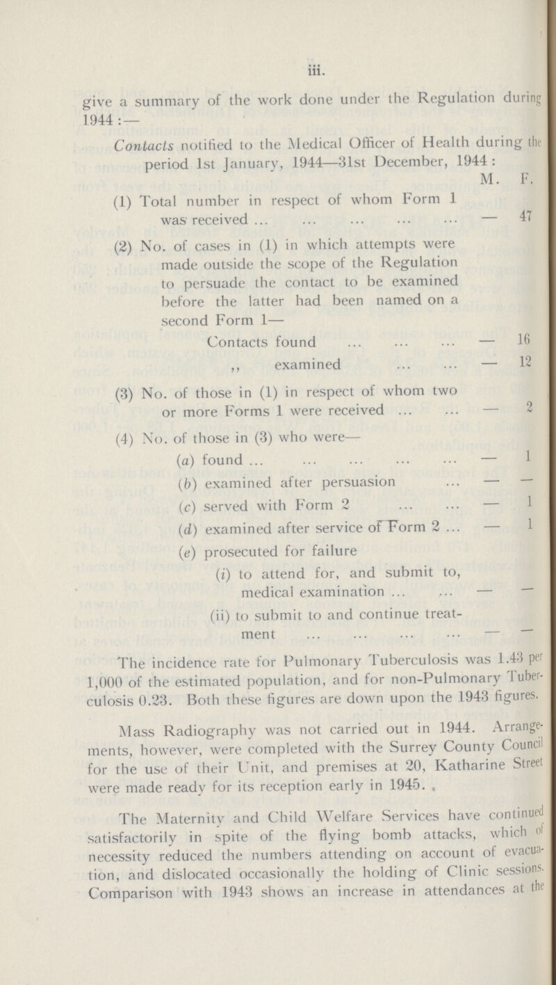 iii. give a summary of the work done under the Regulation during 1944:— Contacts notified to the Medical Officer of Health during the period 1st January, 1944—31st December, 1944: M. F. (1) Total number in respect of whom Form 1 was received — 47 (2) No. of cases in (1) in which attempts were made outside the scope of the Regulation to persuade the contact to be examined before the latter had been named on a second Form 1— Contacts found — 16 ,, examined — 12 (3) No. of those in (1) in respect of whom two or more Forms 1 were received — 2 (4) No. of those in (3) who were— (a) found — 1 (b) examined after persuasion — — (c) served with Form 2 — 1 (d) examined after service oForm 2 — 1 (e) prosecuted for failure (i) to attend for, and submit to, medical examination — — (ii) to submit to and continue treat ment — — The incidence rate for Pulmonary Tuberculosis was 1.43 per 1,000 of the estimated population, and for non-Pulmonary Tuber culosis 0.23. Both these figures are down upon the 1943 figures. Mass Radiography was not carried out in 1944. Arrange ments, however, were completed with the Surrey County Council for the use of their Unit, and premises at 20, Katharine Street were made ready for its reception early in 1945. , The Maternity and Child Welfare Services have continued satisfactorily in spite of the flying bomb attacks, which ol necessity reduced the numbers attending on account of evacua tion, and dislocated occasionally the holding of Clinic sessions. Comparison with 1943 shows an increase in attendances at the