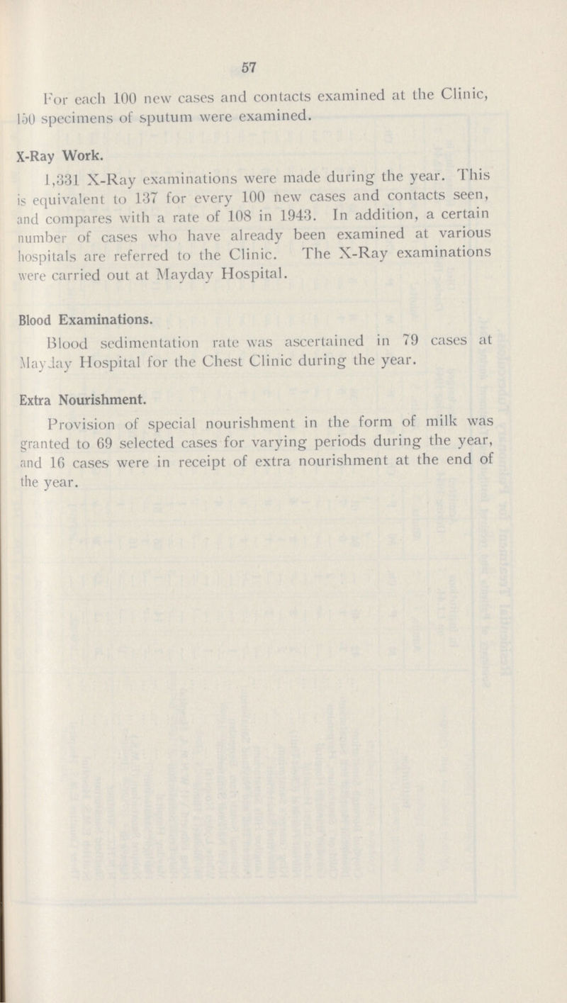 57 For each 100 new cases and contacts examined at the Clinic, 150 specimens of sputum were examined. X-Ray Work. 1,331 X-Ray examinations were made during the year. This is equivalent to 137 for every 100 new cases and contacts seen, and compares with a rate of 108 in 1943. In addition, a certain number of cases who have already been examined at various hospitals are referred to the Clinic. The X-Ray examinations were carried out at Mayday Hospital. Blood Examinations. Blood sedimentation rate was ascertained in 79 cases at May Jay Hospital for the Chest Clinic during the year. Extra Nourishment. Provision of special nourishment in the form of milk was granted to 69 selected cases for varying periods during the year, and 16 cases were in receipt of extra nourishment at the end of the year.