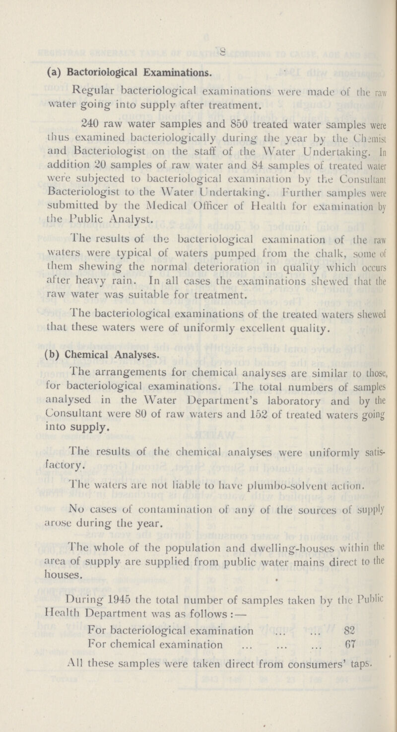 8 (a) Bactoriological Examinations. Regular bacteriological examinations were made of the raw water going into supply after treatment. 240 raw water samples and 850 treated water samples were thus examined bacteriologically during the year by the Chemist and Bacteriologist on the staff of the Water Undertaking. In addition 20 samples of raw water and 84 samples of treated water were subjected to bacteriological examination by the Consultant Bacteriologist to the Water Undertaking. Further samples were submitted by the Medical Officer of Health for examination by the Public Analyst. The results of the bacteriological examination of the raw waters were typical of waters pumped from the chalk, some of them shewing the normal deterioration in quality which occurs after heavy rain. In all cases the examinations shewed that the raw water was suitable for treatment. The bacteriological examinations of the treated waters shewed that these waters were of uniformly excellent quality. (b) Chemical Analyses. The arrangements for chemical analyses are similar to those, for bacteriological examinations. The total numbers of samples analysed in the Water Department's laboratory and by the Consultant were 80 of raw waters and 152 of treated waters going into supply. The results of the chemical analyses were uniformly satis factory. The waters are nut liable to have plumbo-solvent action. No cases of contamination of any of the sources of supply arose during the year. The whole of the population and dwelling-houses within the area of supply are supplied from public water mains direct to the houses. During 1945 the total number of samples taken by the Public Health Department was as follows:— For bacteriological examination 82 For chemical examination 67 All these samples were taken direct from consumers' taps.