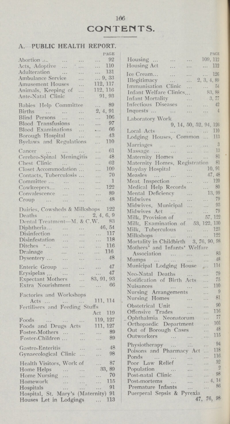 106 CONTENTS. A. PUBLIC HEALTH REPORT. page Abortion 92 Acts, Adoptive 110 Adulteration 131 Ambulance Servics 9, 33 Amusement Houses 112, 117 Animals, Keeping of 112, 116 Ante-Natal Clinic 91, 93 Babies Help Committee 89 Births 2, 4, 91 Blind Persons 106 Blood Transfusions 97 Blood Examinations 66 Borough Hospital 43 Byelaws and Regulations 110 Cancer 61 Cerebro-Spinal Meningitis 48 Chest Clinic 62 Closet Accommodation 109 Contacts, Tuberculosis 70 Committee 1 Cowkeepers 122 Convalescence 89 Croup 48 Dairies, Cowsheds & Milkshops 122 Deaths 2, 4, 6, 9 Dental Treatment—M. & C.W. 83 Diphtheria 46, 54 Disinfection 117 Disinfestation 118 Ditches 116 Drainage 116 Dysentery 48 Enteric Group 47 Erysipelas 47 Expectant Mothers 83, 91, 93 Extra Nourishment 66 Factories and Workshops Acts l1l, 114 Fertilisers and Feeding Stuffs Act 119 Foods 119, 127 Foods and Drugs Acts 111, 127 Foster-Mothers 89 Foster-Children 89 Gastro-Enteritis 48 Gynaecological Clinic 98 Health Visitors, Work of 87 Home Helps 33,89 Home Nursing 70 Homework 115 Hospitals 91 Hospital, St. Mary's (Maternity) 91 Houses Let in Lodgings 113 page Housing 109, 112 Housing Act 112 Ice Cream 126 Illegitimacy 2, 3, 4, 89 Immunisation Clinic 54 Infant Welfare Clinics 83, 88 Infant Mortality 3,77 Infectious Diseases 42 Inquests 4 Laboratory Work 9, 14, 50, 52, 94, 126 Local Acts 110 Lodging Houses, Common 113 Marriages 3 Massage 13 Maternity Homes 81 Maternity Homes, Registration 81 Mayday Hospital 10,91 Measles 47,48 Meat Inspection 120 Medical Help Record 80 Mental Deficiency13,99 Midwives 79 Midwives, Municipal 93 Midwives Act 79 Milk, Provision of 57, 122 Milk, Examination of 53, 122. 130 Milk, Tuberculous 123 Milkshops 122 Mortality in Childbirth 3, 76, 90, 98 Mothers' and Infants' Welfare Association 83 Mumps 48 Municipal Lodging House 114 Neo-Natal Deaths 79 Notification of Birth Acts 75 Nuisances 110 Nursing Arrangements 9 Nursing Homes 81 Obstetrical Unit90 Offensive Trades 116 _ Ophthalmia Neonatorum 77 Orthopaedic Department 101 Out of Borough Cases 48 Outworkers 115 Physiotherapy 94 Poisons and Pharmacy Act 118 Ponds 116 Poor Law Relief 32 Population 2 Post-natal Clinic 98 Post-mortems 14 Premature Infants 86 Puerperal Sepsis & Pyrexia 47, 76, 98
