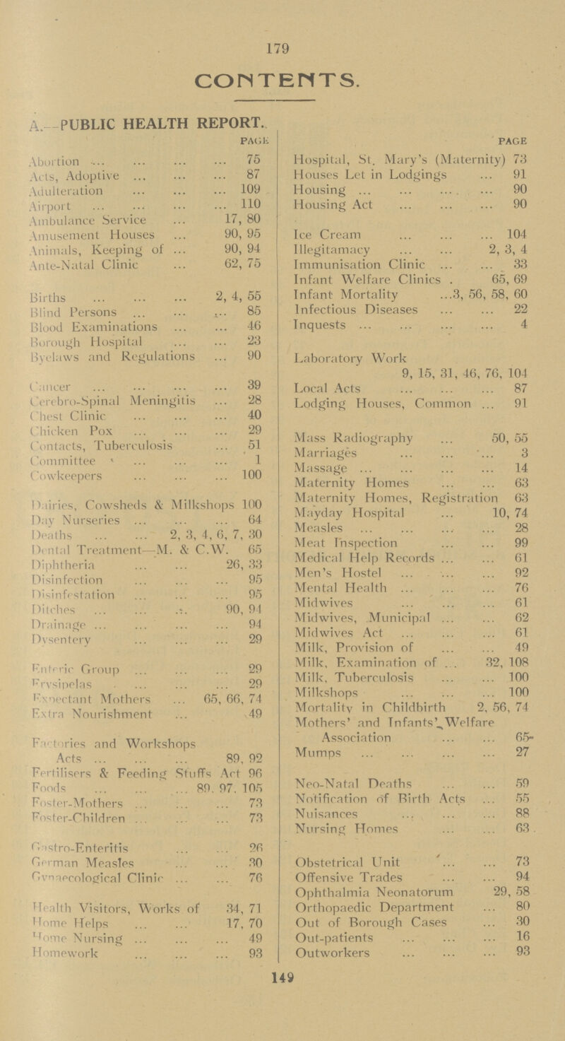 179 CONTENTS. A PUBLIC HEALTH REPORT. PAGli Abortion 75 Acts, Adoptive 87 Adulteration 109 Airport 110 Ambulance Service 17,80 Amusement Houses 90,95 Animals, Keeping of 90,94 Ante-Natal Clinic 62, 75 Births 2, 4, 55 Blind Persons 85 Blood Examinations 46 Borough Hospital 23 Byelaws and Regulations 90 Cancer 39 Cprebro-Spinal Meningitis 28 Chest Clinic 40 Chicken Pox 29 Contacts, Tuberculosis 51 Committee 1 Cowkeepers 100 Dairies, Cowsheds & Milkshops 100 Day Nurseries 64 Deaths 2,3,4,6,7,30 Dental Treatment—M. & C.W. 65 Diphtheria 26, 33 Disinfection 95 Hisinfrstation 95 Ditches 90, 94 Drainage 94 Dysentery 29 Enteric Group 29 Erysipelas 29 Kxoectant Mothers 65, 66, 74 Extra Nourishment 49 F i tories and Workshops Acts 89, 92 Fertilisers & Feeding Stuffs Act 96 Foods 89. 97. 105 Foster-Mothers 73 Foster-Children 73 Onstro-Entefitis 26 German Measles 30 Gynaecological Clinic 76 Health Visitors, Works of 34, 71 Home Helps 17, 70 'tome Nursing 49 Homework 93 PAGE Hospital, St. Mary's (Maternity) 73 Houses Let in Lodgings 91 Housing 90 Housing Act 90 Ice Cream 104 Illegitamacy 2, 3, 4 Immunisation Clinic 33 Infant Welfare Clinics . 65, 69 Infant Mortality 3, 56, 58, 60 Infectious Diseases 22 Inquests 4 Laboratory Work 9, 15, 31, 46, 76, 104 Local Acts 87 Lodging Houses, Common 91 Mass Radiography 50, 55 Marriages 3 Massage 14 Maternity Homes 63 Maternity Homes, Registration 63 Mayday Hospital 10,74 Measles 28 Meat Inspection 99 Medical Help Records 61 Men's Hostel 92 Mental Health 76 Mid wives 61 Mid wives, Municipal 62 Midwives Act 61 Milk, Provision of 49 Milk, Examination of 32, 108 Milk, Tuberculosis 100 Milkshops 100 Mortality in Childbirth 2, 56, 74 Mothers' and Tnfants' Welfare Association 65 Mumps 27 Neo-Natal Deaths 59 Notification of Birth Acts 55 Nuisances 88 Nursing Homes 63 Obstetrical Unit 73 Offensive Trades 94 Ophthalmia Neonatorum 29, 58 Orthopaedic Department 80 Out of Borough Cases 30 Out-patients 16 Outworkers 93 149