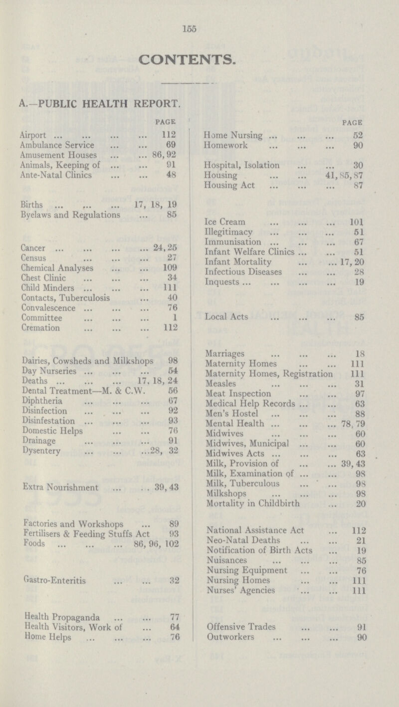 155 CONTENTS. A.-PUBLIC HEALTH REPORT. PAGE Airport 112 Ambulance Service 69 Amusement Houses 86,92 Animals, Keeping of 91 Ante-Natal Clinics 48 Births 17, 18, 19 Byelaws and Regulations 85 Cancer 24,25 Census 27 Chemical Analyses 109 Chest Clinic 34 Child Minders 111 Contacts, Tuberculosis 40 Convalescence 76 Committee 1 Cremation 112 Dairies, Cowsheds and Milkshops 98 Day Nurseries 54 Deaths 17, 18, 24 Dental Treatment—M. & C.W. 56 Diphtheria 67 Disinfection 92 Disinfestation 93 Domestic Helps 76 Drainage 91 Dysentery 28, 32 Extra Nourishment 39,43 Factories and Workshops 89 Fertilisers & Feeding Stuffs Act 93 Foods 86,96, 102 Gastro-Enteritis 32 Health Propaganda 77 Health Visitors, Work of 64 Home Helps 76 PAGE Home Nursing 52 Homework 90 Hospital, Isolation 30 Housing 41,85, 87 Housing Act 87 Ice Cream 101 Illegitimacy 51 Immunisation 67 Infant Welfare Clinics 51 Infant Mortality 17,20 Infectious Diseases 28 Inquests 19 Local Acts 85 Marriages 18 Maternity Homes 111 Maternity Homes, Registration 111 Measles 31 Meat Inspection 97 Medical Help Records 63 Men's Hostel 88 Mental Health 78, 79 Midwives 60 Midwives, Municipal 60 Midwives Acts 63 Milk, Provision of 39,43 Milk, Examination of 98 Milk, Tuberculous 98 Milkshops 98 Mortality in Childbirth 20 National Assistance Act 112 Neo-Natal Deaths 21 Notification of Birth Acts 19 Nuisances 85 Nursing Equipment 76 Nursing Homes 111 Nurses'Agencies 111 Offensive Trades 91 Outworkers 90