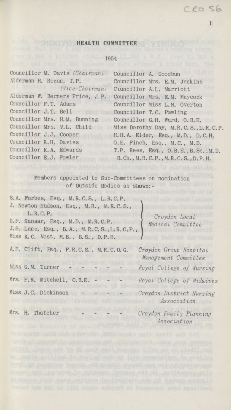 cro 56 1 HEALTH COMMITTEE 1954 Councillor M. Davis (Chairman) Councillor A. Goodbun Alderman H. Regan, J.P. Councillor Mrs. E.M. Jenkins (Vice-Chairman) Councillor A.L. Marriott Alderman W. Berners Price, J.P. Councillor Mrs. E.M. Maycock Councillor P.T. Adams Councillor Miss L.N. Overton Councillor J.T. Bell Councillor T.C. Pawling Councillor Mrs. H.M. Bunning Councillor G.H. Ward, 0. B. E. Councillor Mrs. V.L. Child Miss Dorothy Day, M.R.C. S. ,L.R. C. P. Councillor J.J. Cooper H. H. A. Elder, Esq., M. D., D. C. H. Councillor R.H. Davies O.E. Finch, Esq., M.C., M.D. Councillor K. A. Edwards T.P. Rees, Esq., O.B.E. ,B. Sc. ,M.D. Councillor E.J. Fowler B. Ch., M. R. C. P., M. R. C. S., D. P. H. Members appointed to Sub-Committees on nomination of Outside Bodies as shown:- S. A. Forbes, Esq., M. R. C. S., L. R. C. P. J. Newton Hudson, Esq., M. B., M. R. C. S., J L. R. C.P. }Croydon Local D.F. Kanaar, Esq., M.D., M.R.C.P. }MedlcaL Committee J. S. Lane, Esq., B. A., M. R. C. S., L. R. C. P., Miss K. C. Vost, M. B., B. S., D.P. H. A. F. Clift, ESq., F.R.C. S., M. R. C. O. G. Croydon Group Hospital Management Committee Miss G.M. Turner Royal College of Nursing Mrs. F.R. Mitchell, O.B.E. Royal College of Midlives Miss J.C. Dickinson Croydon District Nursing Association Mrs. H. Thatcher Croydon Family Planning Association