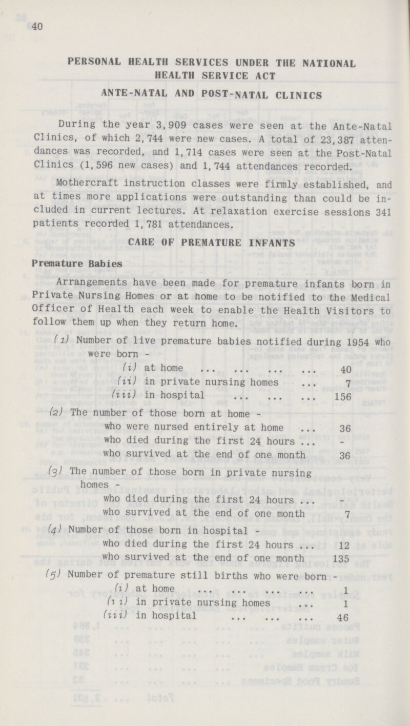40 PERSONAL HEALTH SERVICES UNDER THE NATIONAL HEALTH SERVICE ACT ANTE-NATAL AND POST-NATAL CLINICS During the year 3,909 cases were seen at the Ante-Natal Clinics, of which 2,744 were new cases. A total of 23,387 atten dances was recorded, and 1,714 cases were seen at the Post-Natal Clinics (1,596 new cases) and 1,744 attendances recorded. Mothercraft instruction classes were firmly established, and at times more applications were outstanding than could be in cluded in current lectures. At relaxation exercise sessions 341 patients recorded 1,781 attendances. CARE OF PREMATURE INFANTS Premature Babies Arrangements have been made for premature infants born in Private Nursing Homes or at home to be notified to the Medical Officer of Health each week to enable the Health Visitors to follow them up when they return home. (l) Number of live premature babies notified during 1954 who were born- (i) at home 40 (ii) in private nursing homes 7 (iii) in hospital 156 (2) The number of those born at home - who were nursed entirely at home 36 who died during the first 24 hours - who survived at the end of one month 36 (3) The number of those born in private nursing homes - who died during the first 24 hours - who survived at the end of one month 7 (4) Number of those born in hospital - who died during the first 24 hours 12 who survived at the end of one month 135 (5) Number of premature still births who were born - (i) at home 1 (ii) in private nursing homes 1 (iii) in hospital 46