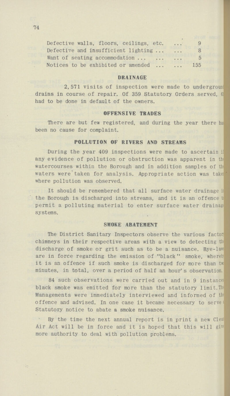 74 Defective walls, floors, ceilings, etc. 9 Defective and insufficient lighting 8 Want of seating accommodation 5 Notices to be exhibited or amended 155 DRAINAGE 2,571 visits of inspection were made to underground drains in course of repair. Of 359 Statutory Orders served, 6! had to be done in default of the owners. OFFENSIVE TRADES There are but few registered, and during the year there has been no cause for complaint. POLLUTION OF RIVERS AND STREAMS During the year 409 inspections were made to ascertain if any evidence of pollution or obstruction was apparent in the watercourses within the Borough and in addition samples of thf waters were taken for analysis. Appropriate action was taken where pollution was observed. It should be remembered that all surface water drainage in the Borough is discharged into streams, and it is an offence to permit a polluting material to enter surface water drainage systems. SMOKE ABATEMENT The District Sanitary Inspectors observe the various factor; chimneys in their respective areas with a view to detecting the discharge of smoke or grit such as to be a nuisance. Bye-law are in force regarding the emission of black smoke, whereby it is an offence if such smoke is discharged for more than two minutes, in total, over a period of half an hour's observation. 84 such observations were carried out and in 9 instances black smoke was emitted for more than the statutory limit.The Managements were immediately interviewed and informed of the offence and advised. In one case it became necessary to serves Statutory notice to abate a smoke nuisance. By the time the next annual report is in print a new Clean Air Act will be in force and it is hoped that this will give more authority to deal with pollution problems.