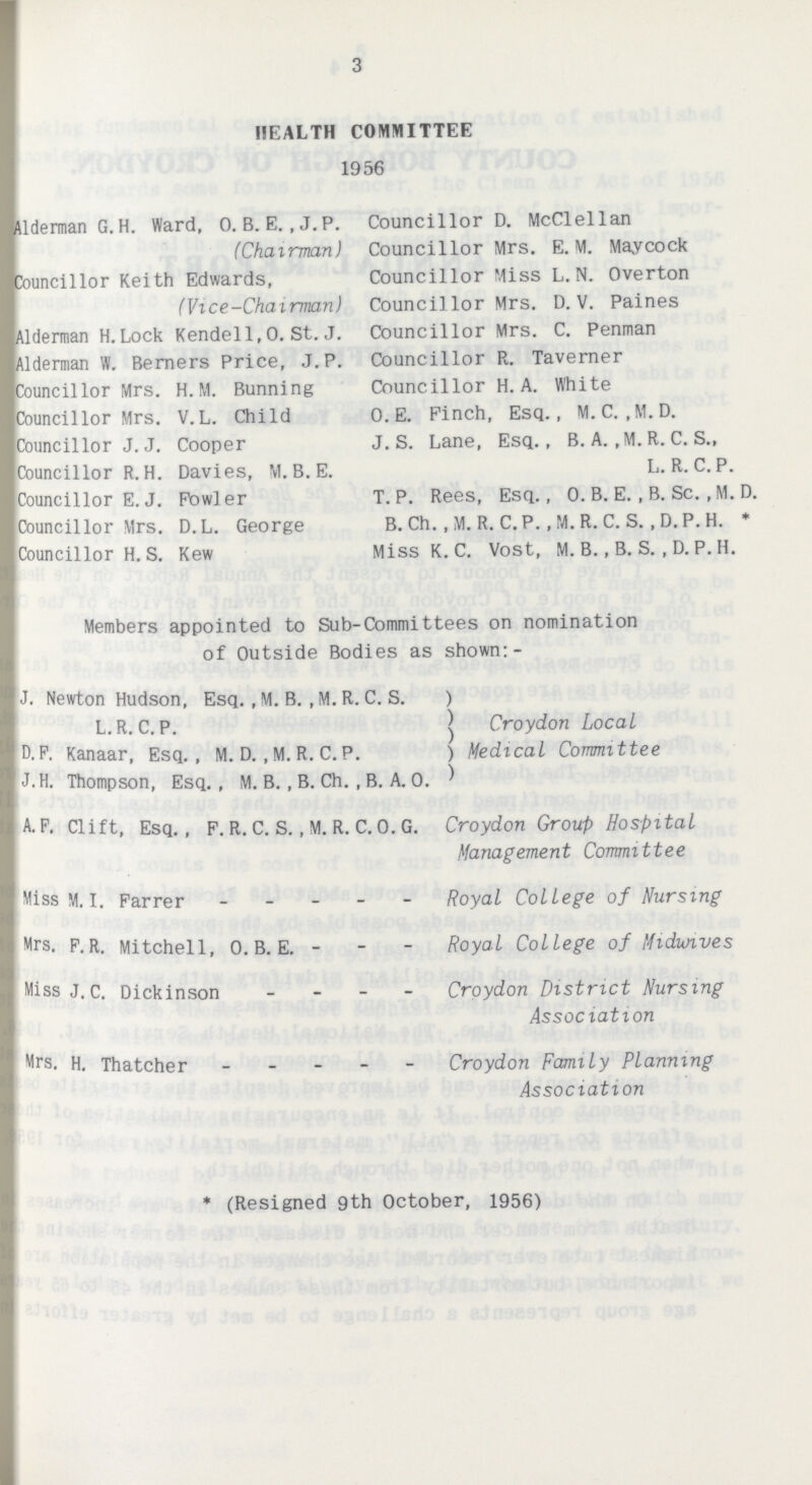 3 HEALTH COMMITTEE 1956 Uderman G. H. Ward, 0. B. E. , J.P. (Chairman) Councillor Keith Edwards, (Vice-Chairman) Alderman H.Lock Kendell, O. St. J. Alderman W. Berners Price, J. P. Councillor Mrs. H.M. Bunning Councillor Mrs. V.L. Child Councillor J. J. Cooper Councillor R. H. Davies, M. B. E. Councillor E. J. Fowler Councillor Mrs. D.L. George Councillor H. S. Kew Councillor D. McClellan Councillor Mrs. E. M. Maycock Councillor Miss L.N. Overton Council lor Mrs. D. V. Paines Councillor Mrs. C. Penman Councillor R. Taverner Councillor H. A. White O.E. Finch, Esq., M. C., M. D. J. S. Lane, Esq., B. A., M. R. C. S., L.R.C.P. T. P. Rees, Esq., O. B. E., B. Sc., M. D. B. Ch., M. R. C. P., M. R. C. S., D. P. H. * Miss K. C. Vost, M.B., B. S., D. P.H. Members appointed to Sub-Committees on nomination of Outside Bodies as shown:- J. Newton Hudson, Esq., M. B., M. R. C. S. L.R.C.P. D.F. Kanaar, Esq., M. D., M. R. C. P. J. H. Thompson, Esq., M. B., B. Ch., B. A. O. Croydon Local Medical Committee A.F. Clift, Esq., F.R.C.S., M.R.C.O.G. Croydon Group Hospital Management Committee Miss M.I. Farrer Royal College of Nursing Mrs. p. R. Mitchell, O. B. E. Royal College of Midunves Miss J.c. Dickinson Croydon District Nursing Association Mrs. H. Thatcher Croydon Family Planning Association * (Resigned 9th October, 1956)