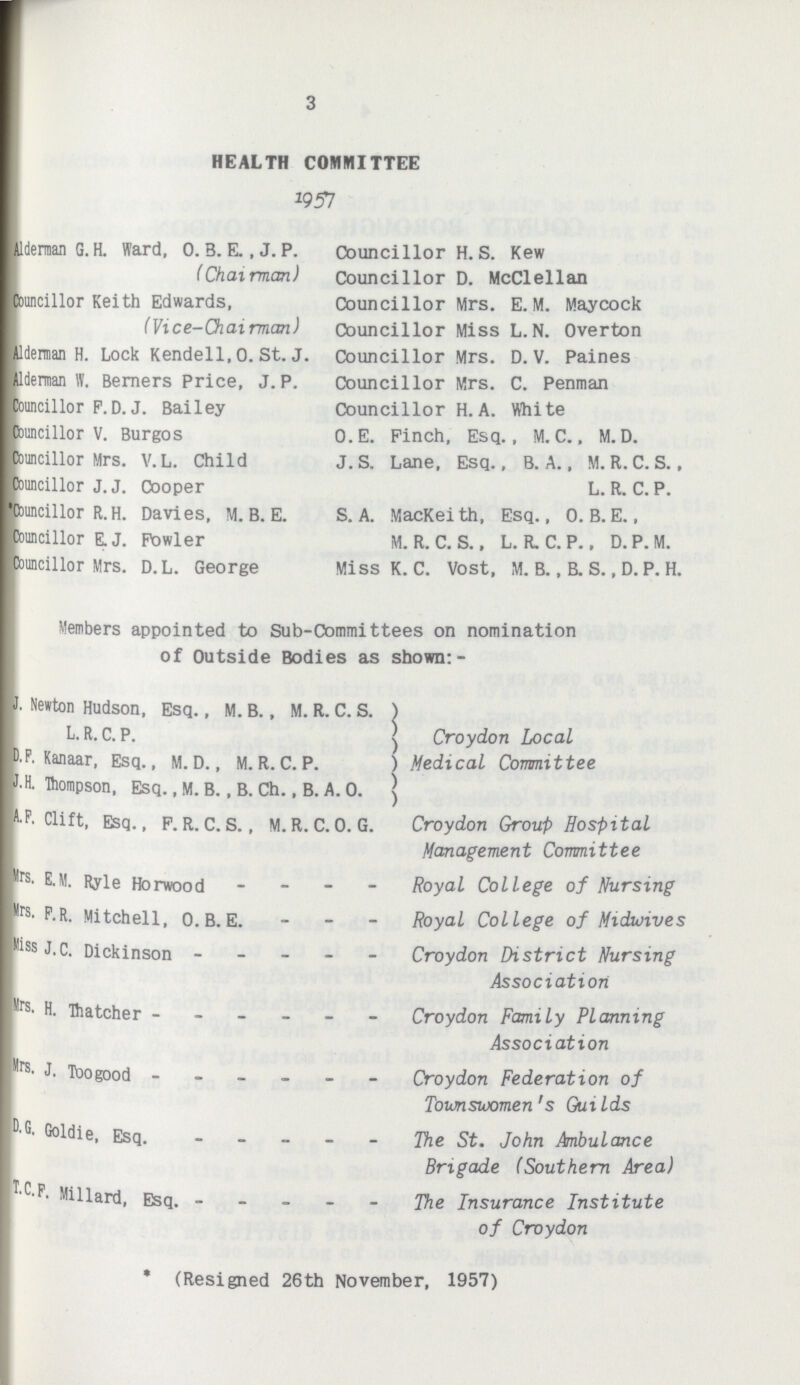 3 HEALTH COMMITTEE 1957 Alderman G. H. Ward, O. B. E.,J. P. Councillor H. S. Kew (Chairman) Councillor D. McClellan Councillor Keith Edwards, Councillor Mrs. E. M. Maycock (Vice-Chairman) Councillor Miss L.N. Overton Alderman H. Lock Kendell. O. St. J. Councillor Mrs. D. V. Paines Alderman W. Berners Price, J.P. Councillor Mrs. C. Penman Councillor F.D.J. Bailey Councillor H.A. White Councillor V. Burgos O.E. Finch, Esq., M. C., M. D. Councillor Mrs. V. L. Child J.S. Lane, Esq., B. A., M. R. C. S., Councillor J.J. Cooper L. R.C. P. Councillor R. H. Davies, M. B. E. S. A. MacKeith, Esq., O. B. E., Councillor E. J. Fowler M. R. C. S.. L. R.C.P.. D.P.M. Councillor Mrs. D.L. George Miss K. C. Vost. M. B., B. S., D. P. H. Members appointed to Sub-Committees on nomination of Outside Bodies as shown:- J. Newton Hudson, Esq., M. B., M. R. C. S. L.R.C. P. D.P. Kanaar, Esq., M. D., M. R.C.P. J.H. Thompson, Esq., M. B., B. Ch., B. A. 0. A.F. Clift, Esq., F.R.C.S. , W.R. C.O. G. Croydon Local Medical Committee Croydon Group Hospital Management Committee Mrs. LM. Ryle Horvrood Royal College of Nursing Irs. P.R. Mitchell, O.B.E. College of Midwives Miss J.C. Dickinson Croydon District Nursing Association Mrs. H. Thatcher Croydon Family Planning Association Mrs. J. Too good Croydon Federation of Townswomen 's Guilds D.G. Goldie, Esq. The St. John Ambulance Brigade (Southern Area) T.C.F. Millard, Esq. The Insurance Institute of Croydon * (Resigned 26th November, 1957)