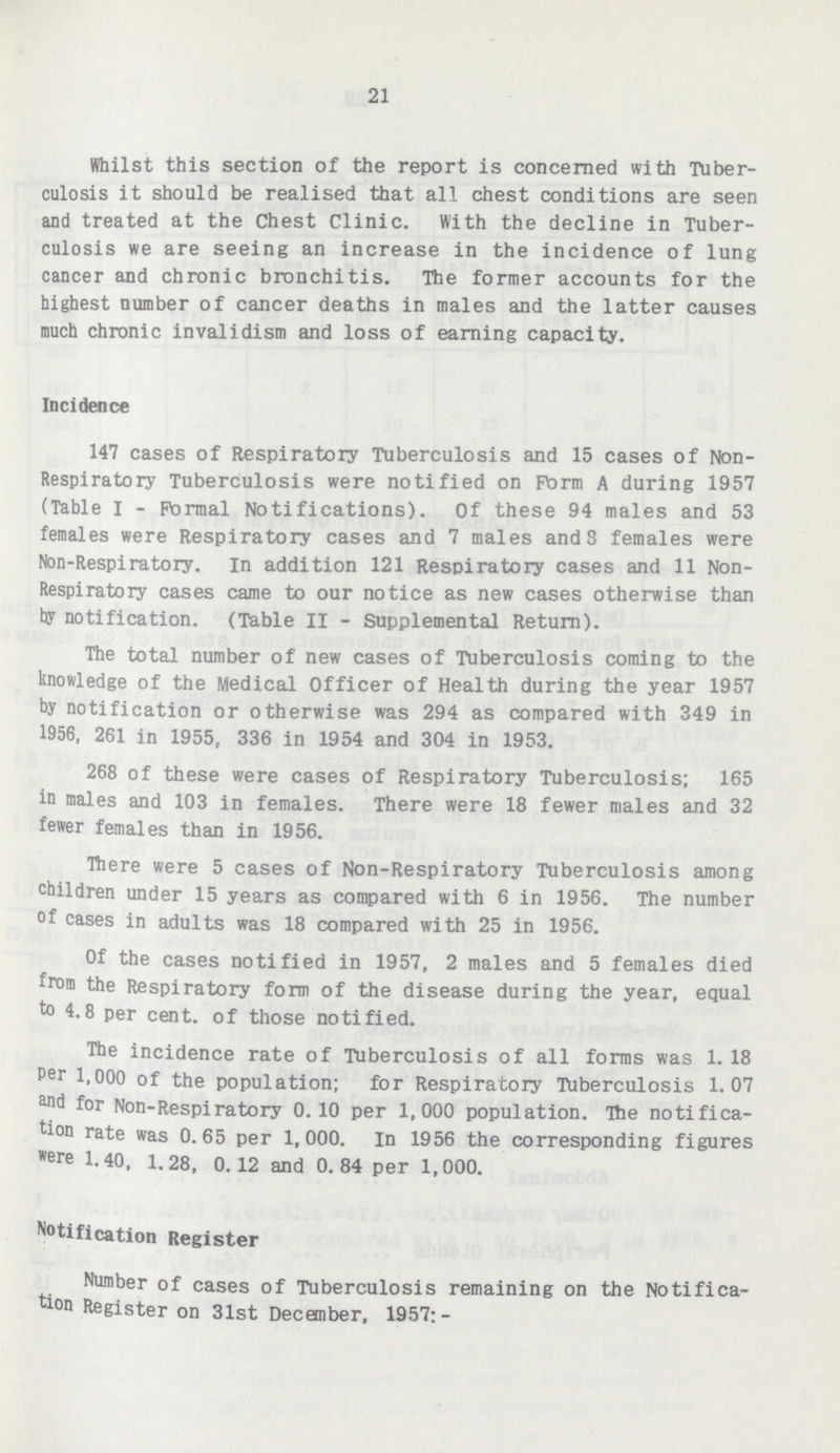 21 Whilst this section of the report is concerned with Tuber culosis it should be realised that all chest conditions are seen and treated at the Chest Clinic. With the decline in Tuber culosis we are seeing an increase in the incidence of lung cancer and chronic bronchitis. The former accounts for the highest number of cancer deaths in males and the latter causes much chronic invalidism and loss of earning capacity. Incidence 147 cases of Respiratory Tuberculosis and 15 cases of Non Respiratory Tuberculosis were notified on Form A during 1957 (Table I - Formal Notifications). Of these 94 males and 53 females were Respiratory cases and 7 males and 3 females were Non-Respiratory, in addition 121 Respiratory cases and 11 Non Respiratory cases came to our notice as new cases otherwise than by notification. (Table II - Supplemental Return). The total number of new cases of Tuberculosis coming to the knowledge of the Medical Officer of Health during the year 1957 by notification or otherwise was 294 as compared with 349 in 1956, 261 in 1955, 336 in 1954 and 304 in 1953. 268 of these were cases of Respiratory Tuberculosis; 165 in males and 103 in females. There were 18 fewer males and 32 fewer females than in 1956. There were 5 cases of Non-Respiratory Tuberculosis among children under 15 years as compared with 6 in 1956. The number of cases in adults was 18 compared with 25 in 1956. Of the cases notified in 1957, 2 males and 5 females died from the Respiratory form of the disease during the year, equal to 4.8 per cent. of those notified. The incidence rate of Tuberculosis of all forms was 1. 18 Per 1,000 of the population; for Respiratory Tuberculosis 1.07 and for Non-Respiratory 0.10 per 1,000 population. The notifica tion rate was 0.65 per 1,000. In 1956 the corresponding figures were 1.40, 1.28, 0.12 and 0.84 per 1,000. Notification Register Number of cases of Tuberculosis remaining on the Notifica tion Register on 31st December, 1957:-