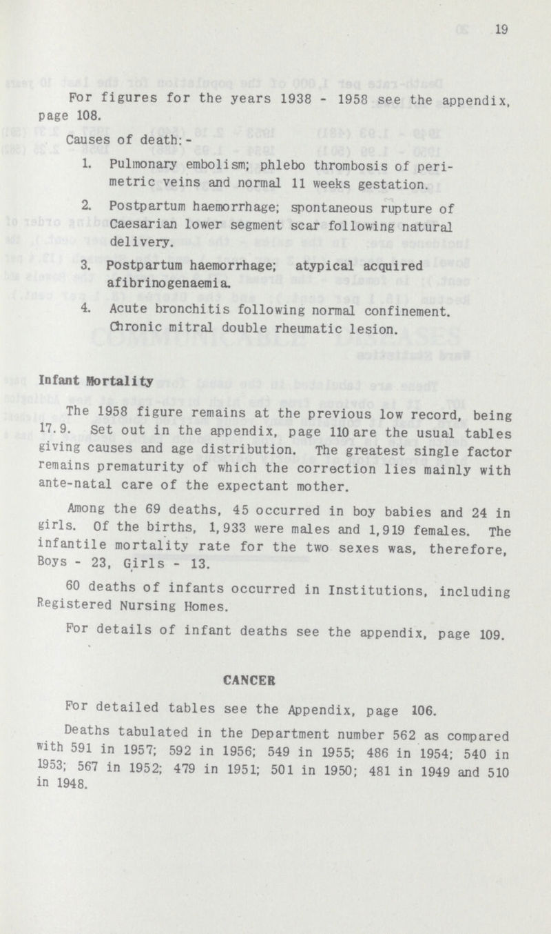 19 For figures for the years 1938 - 1958 see the appendix, page 108. Causes of death:- 1. Pulmonary embolism; phlebo thrombosis of peri metric veins and normal 11 weeks gestation. 2. Postpartum haemorrhage; spontaneous rupture of Caesarian lower segment scar following natural delivery. 3. postpartum haemorrhage; atypical acquired afibrinogenaemia. 4. Acute bronchitis following normal confinement. Chronic mitral double rheumatic lesion. Infant Mortality The 1958 figure remains at the previous low record, being 17.9. Set out in the appendix, page 110 are the usual tables giving causes and age distribution. The greatest single factor remains prematurity of which the correction lies mainly with ante-natal care of the expectant mother. Among the 69 deaths, 45 occurred in boy babies and 24 in girls. Of the births, 1,933 were males and 1,919 females. The infantile mortality rate for the two sexes was, therefore, Boys - 23, Girls - 13. 60 deaths of infants occurred in Institutions, including Registered Nursing Homes. For details of infant deaths see the appendix, page 109. CANCER For detailed tables see the Appendix, page 106. Deaths tabulated in the Department number 562 as compared with 591 in 1957; 592 in 1956; 549 in 1955; 486 in 1954; 540 in 1953; 567 in 1952; 479 in 1951; 501 in 1950 ; 481 in 1949 and 510 in 1948.