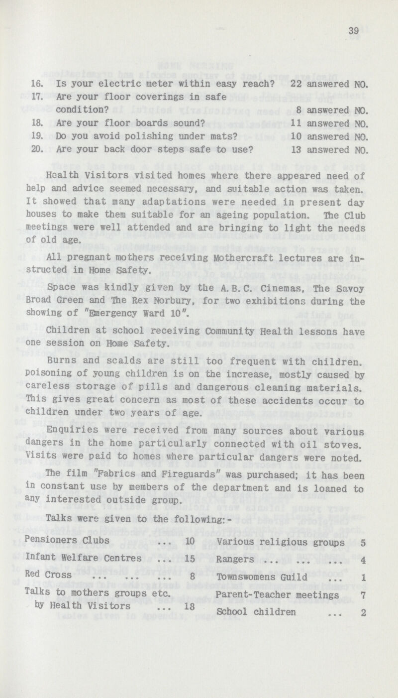 39 16. Is your electric meter within easy reach? 22 answered NO. 17. Are your floor coverings in safe condition? 8 answered NO. 18. Are your floor boards sound? 11 answered NO. 19. Do you avoid polishing under mats? 10 answered NO. 20. Are your back door steps safe to use? 13 answered NO. Health Visitors visited homes where there appeared need of help and advice seemed necessary, and suitable action was taken. It showed that many adaptations were needed in present day houses to make them suitable for an ageing population. The Club meetings were well attended and are bringing to light the needs of old age. All pregnant mothers receiving Mothercraft lectures are in structed in Home Safety. Space was kindly given by the A. B. C. Cinemas, The Savoy Broad Green and The Rex Norbury, for two exhibitions during the showing of Emergency Ward 10. Children at school receiving Community Health lessons have one session on Home Safety. Burns and scalds are still too frequent with children, poisoning of young children is on the increase, mostly caused by careless storage of pills and dangerous cleaning materials. This gives great concern as most of these accidents occur to children under two years of age. Enquiries were received from many sources about various dangers in the home particularly connected with oil stoves. Visits were paid to homes where particular dangers were noted. The film Fabrics and Fireguards was purchased; it has been in constant use by members of the department and is loaned to any interested outside group. Talks were given to the following:- Pensioners Clubs 10 Various religious groups 5 Infant Welfare Centres 15 Rangers 4 Red Cross 8 Townswomens Guild 1 Talks to mothers groups etc. Parent-Teacher meetings 7 by Health Visitors 18 School Children 2