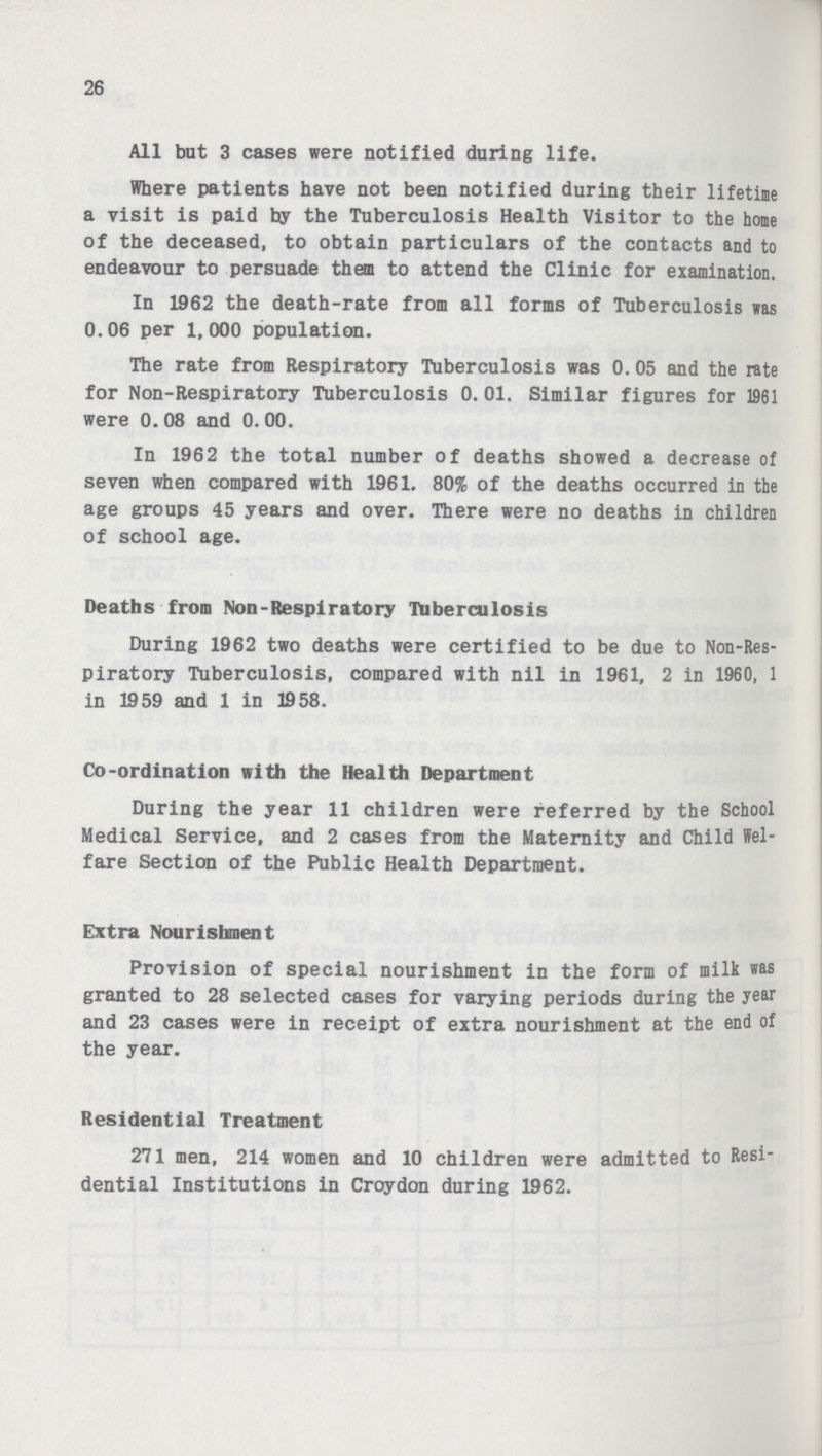 26 All but 3 cases were notified during life. Where patients have not been notified during their lifetime a visit is paid by the Tuberculosis Health Visitor to the home of the deceased, to obtain particulars of the contacts and to endeavour to persuade them to attend the Clinic for examination. In 1962 the death-rate from all forms of Tuberculosis was 0.06 per 1,000 population. The rate from Respiratory Tuberculosis was 0. 05 and the rate for Non-Respiratory Tuberculosis 0.01. Similar figures for 1961 were 0.08 and 0.00. In 1962 the total number of deaths showed a decrease of seven when compared with 1961. 80% of the deaths occurred in the age groups 45 years and over. There were no deaths in children of school age. Deaths from Non-Respiratory Tuberculosis During 1962 two deaths were certified to be due to Non-Res piratory Tuberculosis, compared with nil in 1961, 2 in 1960, 1 in 1959 and 1 in 1958. Co-ordination with the Health Department During the year 11 children were referred by the School Medical Service, and 2 cases from the Maternity and Child Wel fare Section of the Public Health Department. Extra Nourishment Provision of special nourishment in the form of milk was granted to 28 selected cases for varying periods during the year and 23 cases were in receipt of extra nourishment at the end of the year. Residential Treatment 271 men, 214 women and 10 children were admitted to Resi dential Institutions in Croydon during 1962.