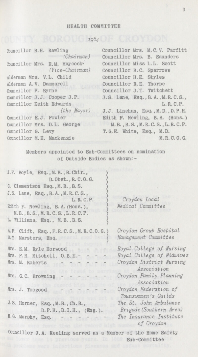 3 HEALTH COMMITTEE 1964 Councillor B.H. Rawling (Chairman) Councillor Mrs. E. M. Maycock' (Vice-Chairman) Alderman Mrs. V. L. Child Alderman A. V. Dammarell Councillor P. Byrne Councillor J.J. Cooper J.P. Councillor Keith Edwards (the Mayor) Councillor E.J. Fowler Councillor Mrs. D. L. George Councillor G. Levy Councillor M. E. Mackenzie Councillor Mrs. M.C.V. Parfitt Councillor Mrs. B. Saunders Councillor Miss L.L. Scott Councillor B.C. Sparrowe Councillor H.E. Styles Councillor R.E. Thorpe Councillor J.T. Twitchett J.S. Lane, Esq., B. A. ,M. R. C. S., L.R. C.P. J.J. Linehan, Esq. ,M. D., D. P.H. Edith P. Newling, B. A. (Hons.) M. B., B. S., M. R. C. S., L. R. C. P. T. G. E. White, Esq., M. D. M.R.C.O.G. Members appointed to Sub-Committees on nomination of Outside Bodies as shown:- J.P. Boyle, Esq. ,M.B., B. Chir., D. Obst., R. C. 0. G. G. Clementson Esq. ,M. B., B. S. J.S. Lane, Esq., B. A., M. R. C. S., L.R. C.P. Edith P. Newling, B. A. (Hons.), M.B..B. S..M.R. C.S..L.R. C.P. L. Williams, Esq., M.B., B. S. Croydon Local Medical Committee A.P. Clift, Esq. .F.R.C.S. .M.R.C.O.G. S.Y. Marsters, Esq. Croydon Group Hospital Management Committee Mrs. E.M. Ryle Horwood Royal College of Nursing Mrs. p.R. Mitchell, 0.B.E. Royal College of Miduives Mrs. M. Roberts Croydon District Nursing Association Mrs. G.C. Browning Croydon Family Planning Association Mrs. J. Toogood Croydon Federation of Towswomen's Guilds J.S. Horner, Esq., M. B., Ch. B., The St. John Ambulance D.P.H., D. I.H., (Eng.). Brigade (Southern Area) H.G. Murphy, Esq. The Insurance Institute of Croydon Councillor J. A. Keeling served as a Member of the Home Safety Sub-Committee