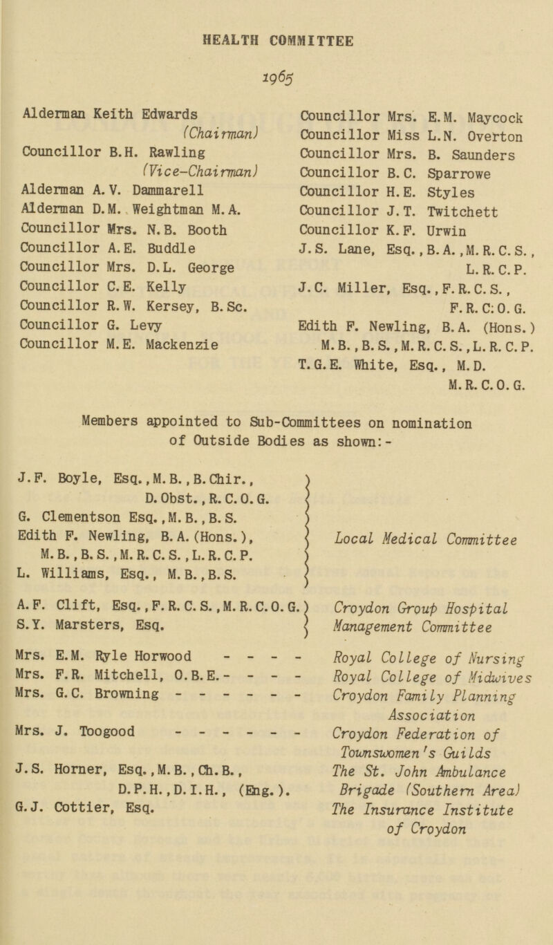 HEALTH COMMITTEE 1965 Alderman Keith Edwards (Chairman) Councillor B.H. Rawling (Vice-Chairman) Alderman A. V. Dammarell Alderman D. M. Weightman M.A. Councillor Mrs. N. B. Booth Councillor A.E. Buddie Councillor Mrs. D.L. George Councillor C. E. Kelly Councillor R. W. Kersey, B. Sc. Councillor G. Levy Councillor M.E. Mackenzie Councillor Mrs. E.M. Maycock Councillor Miss L.N. Overton Councillor Mrs. B. Saunders Councillor B. C. Sparrowe Councillor H.E. Styles Councillor J. T. Twitchett Councillor K.F. Urwin J. S. Lane, Esq., B. A. ,M. R. C. S., L. R. C.P. J.C. Miller, Esq., P. R. C. S., F. R. C: 0. G. Edith F. Newling, B.A. (Hons.) M.B. .B.S..M.R. C. S. ,L.R. C.P. T. G. E. White, Esq., M. D. M. R. C. 0. G. Members appointed to Sub-Committees on nomination of Outside Bodies as shown:- J.F. Boyle, Esq., M. B., B. Chir., D. Obst., R. C. 0. G. G. Clementson Esq. ,M. B., B. S. Edith F. Newling, B.A.(Hons.), M. B., B. S. , M. R. C. S., L. R. C. P. L. Williams, Esq., M. B. ,B. S. A. F. Clift, Esq., F. R. C. S., M. R. C. 0. G. S.Y. Marsters, Esq. Mrs. E. M. Ryle Horwood - - - Mrs. F.R. Mitchell, O.B.E. - - - Mrs. G. C. Browning ------ Mrs. J. Toogood ------ J. S. Horner, Esq., M. B., Ch. B., D.P.H. ,D.I.H., (Ehg.). G. J. Cottier, Esq. Local Medical Committee Croydon Group Hospital Management Committee Royal College of Nursing Royal College of Midwives Croydon Family Planning Association Croydon Federation of Toumswomen's Guilds The St. John Ambulance Brigade (Southern Area) The Insurance Institute of Croydon