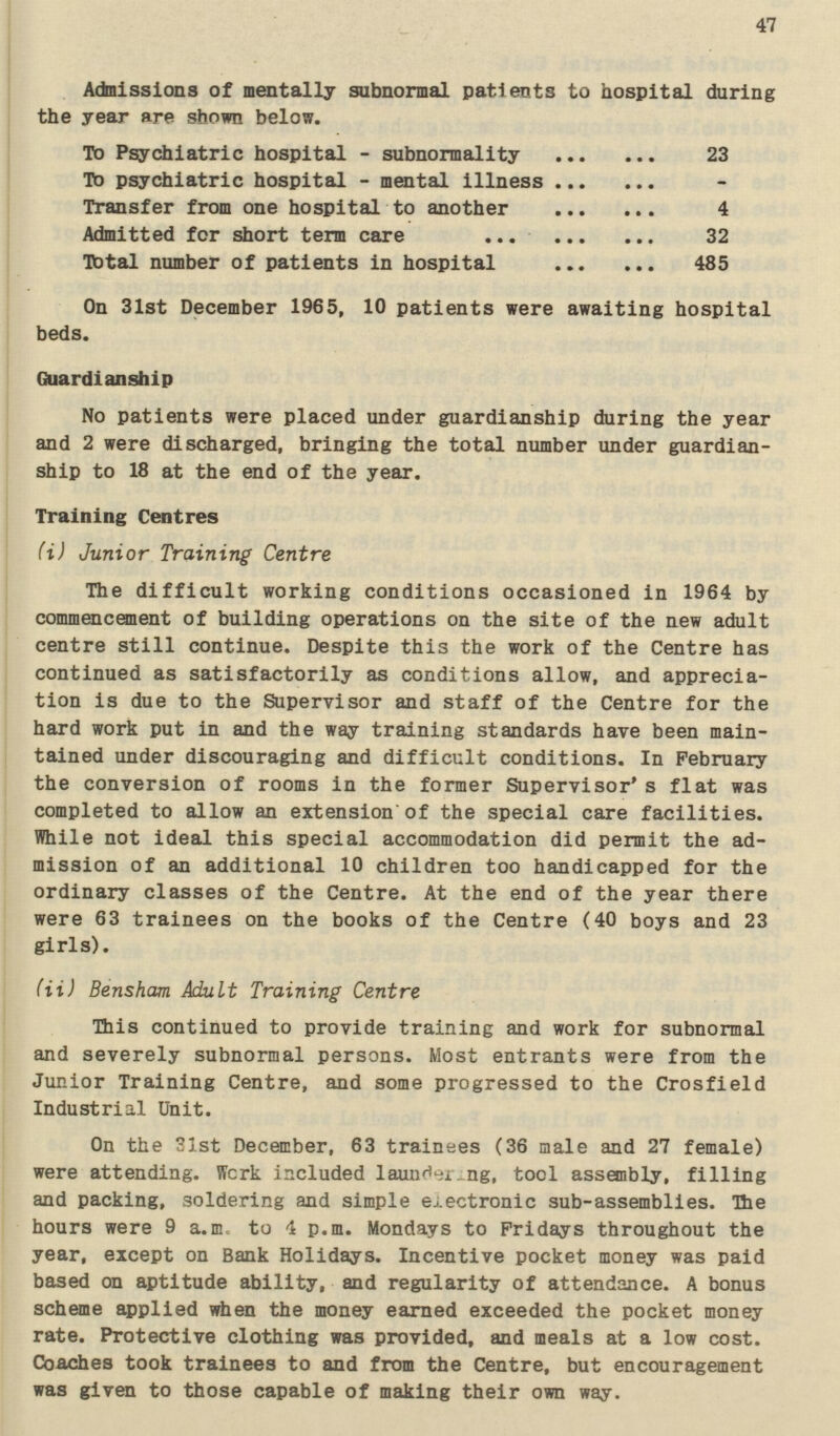 47 Admissions of mentally subnormal patients to hospital during the year are shown below. To Psychiatric hospital-subnormality 23 To psychiatric hospital-mental illness - Transfer from one hospital to another 4 Admitted for short term care 32 Total number of patients in hospital 485 On 31st December 1965, 10 patients were awaiting hospital beds. Guardianship No patients were placed under guardianship during the year and 2 were discharged, bringing the total number under guardian ship to 18 at the end of the year. Training Centres (i) Junior Training Centre The difficult working conditions occasioned in 1964 by commencement of building operations on the site of the new adult centre still continue. Despite this the work of the Centre has continued as satisfactorily as conditions allow, and apprecia tion is due to the Supervisor and staff of the Centre for the hard work put in and the way training standards have been main tained under discouraging and difficult conditions. In February the conversion of rooms in the former Supervisor's flat was completed to allow an extension of the special care facilities. While not ideal this special accommodation did permit the ad mission of an additional 10 children too handicapped for the ordinary classes of the Centre. At the end of the year there were 63 trainees on the books of the Centre (40 boys and 23 girls). (ii) Bensham Adult Training Centre This continued to provide training and work for subnormal and severely subnormal persons. Most entrants were from the Junior Training Centre, and some progressed to the Crosfield Industrial Unit. On the 31st December, 63 trainees (36 male and 27 female) were attending. Work included laundering, tool assembly, filling and packing, soldering and simple electronic sub-assemblies. The hours were 9 a.m, to 4 p.m. Mondays to Fridays throughout the year, except on Bank Holidays. Incentive pocket money was paid based on aptitude ability, and regularity of attendance. A bonus scheme applied when the money earned exceeded the pocket money rate. Protective clothing was provided, and meals at a low cost. Coaches took trainees to and from the Centre, but encouragement was given to those capable of making their own way.