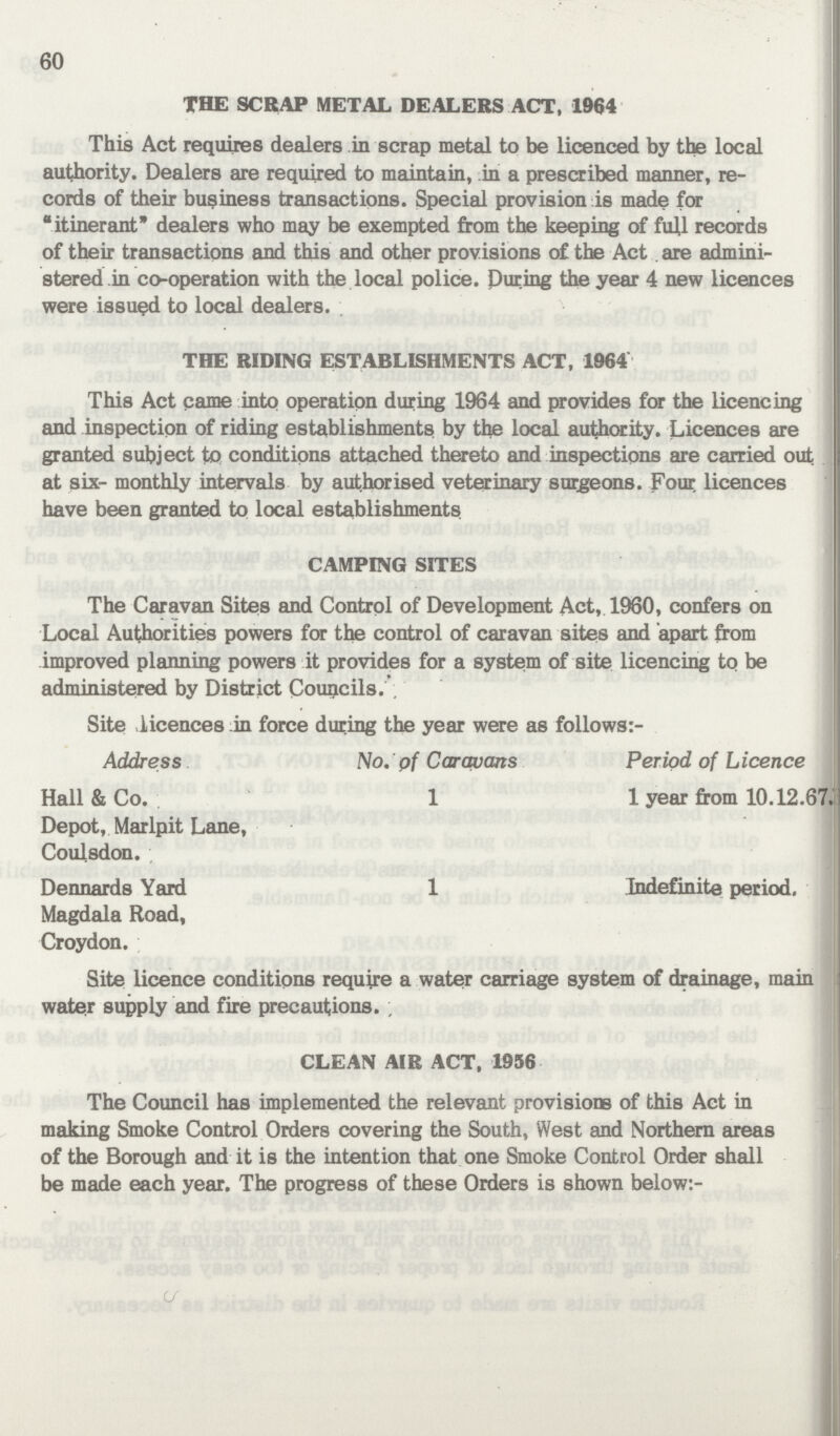 60 THE SCRAP METAL DEALERS ACT, 1964 This Act requires dealers in scrap metal to be licenced by the local authority. Dealers are required to maintain, in a prescribed manner, re cords of their business transactions. Special provision is made for itinerant* dealers who may be exempted from the keeping of full records of their transactions and this and other provisions of the Act are admini stered in co-operation with the local police. During the year 4 new licences were issued to local dealers. THE RIDING ESTABLISHMENTS ACT, 1964 This Act came into operation during 1964 and provides for the licencing and inspection of riding establishments by the local authority. Licences are granted subject to conditions attached thereto and inspections are carried out at six- monthly intervals by authorised veterinary surgeons. Four licences have been granted to local establishments CAMPING SITES The Caravan Sites and Control of Development Act, 1960, confers on Local Authorities powers for the control of caravan sites and apart from improved planning powers it provides for a system of site licencing to be administered by District Councils. Site licences in force during the year were as follows:- Address No. pf Caravans Period of Licence Hall & Co. Depot, Marlpit Lane, Coulsdon. 1 1 year from 10.12.67. Dennards Yard Magdala Road, Croydon. 1 Indefinite period. Site licence conditions require a water carriage system of drainage, main water supply and fire precautions. ; CLEAN AIR ACT, 1956 The Council has implemented the relevant provisions of this Act in making Smoke Control Orders covering the South, West and Northern areas of the Borough and it is the intention that one Smoke Control Order shall be made each year. The progress of these Orders is shown below:-