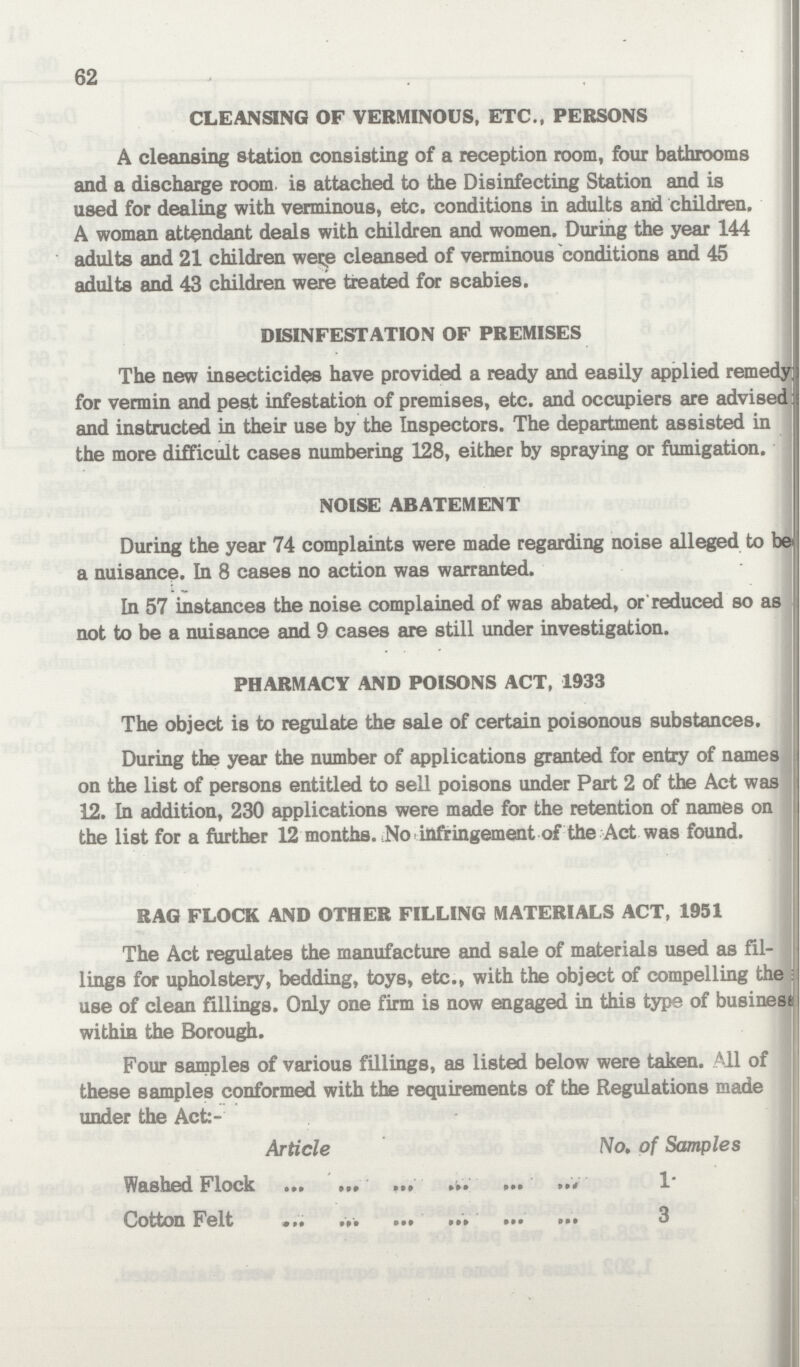 62 CLEANSING OF VERMINOUS, ETC., PERSONS A cleansing station consisting of a reception room, four bathrooms and a discharge room is attached to the Disinfecting Station and is used for dealing with verminous, etc, conditions in adults and children. A woman attendant deals with children and women. During the year 144 adults and 21 children weep cleansed of verminous conditions and 45 adults and 43 children were treated for scabies. DISINFESTATION OF PREMISES The new insecticides have provided a ready and easily applied remedy for vermin and pest infestation of premises, etc. and occupiers are advised and instructed in their use by the Inspectors. The department assisted in the more difficult cases numbering 128, either by spraying or fumigation. NOISE ABATEMENT During the year 74 complaints were made regarding noise alleged to be a nuisance. In 8 cases no action was warranted. In 57 instances the noise complained of was abated, or reduced so as not to be a nuisance and 9 cases are still under investigation. PHARMACY AND POISONS ACT, 1933 The object is to regulate the sale of certain poisonous substances. During the year the number of applications granted for entry of names on the list of persons entitled to sell poisons under Part 2 of the Act was 12. In addition, 230 applications were made for the retention of names on the list for a further 12 months. No infringement of the Act was found. RAG FLOCK AND OTHER FILLING MATERIALS ACT, 1951 The Act regulates the manufacture and sale of materials used as fil lings for upholstery, bedding, toys, etc., with the object of compelling the use of clean fillings. Only one firm is now engaged in this type of busines within the Borough. Four samples of various fillings, as listed below were taken. All of these samples conformed with the requirements of the Regulations made under the Act:- Article No. of Samples Washed Flock 1 Cotton Felt 3