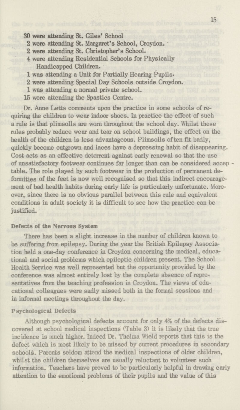 15 30 were attending St. Giles' School 2 were attending St. Margaret's School, Croydon. 2 were attending St. Christopher's School. 4 were attending Residential Schools for Physically Handicapped Children. 1 was attending a Unit for Partially Hearing Pupils- 2 were attending Special Day Schools outside Croydon. 1 was attending a normal private school. 15 were attending the Spastics Centre. Dr. Anne Letts comments upon the practice in some schools of re quiring the children to wear indoor shoes. In practice the effect of such a rule is that plimsolls are worn throughout the school day. Whilst these rules probably reduce wear and tear on school buildings, the effect on the health of the children is less advantageous. Plimsolls often fit badly, quickly become outgrown and laces have a depressing habit of disappearing. Cost acts as an effective deterrent against early renewal so that the use of unsatisfactory footwear continues far longer than can be considered accep table. The role played by such footwear in the production of permanent de formities of the feet is now well recognised so that this indirect encourage ment of bad health habits during early life is particularly unfortunate. More over, since there is no obvious parallel between this rule and equivalent conditions in adult society it is difficult to see how the practice can be justified. Defects of the Nervous System There has been a slight increase in the number of children known to be suffering from epilepsy. During the year the British Epilepsy Associa tion held a one-day conference in Croydon concerning the medical, educa tional and social problems which epileptic children present. The School Health Service was well represented but the opportunity provided by the conference was almost entirely lost by the complete absence of repre sentatives from the teaching profession in Croydon. The views of edu cational colleagues were sadly missed both in the formal sessions and in informal meetings throughout the day. Psychological Defects Although psychological defects account for only 4% of the defects dis covered at school medical inspections (Table 3) it is likely that the true incidence is much higher. Indeed Dr. Thelma Wield reports that this is the defect which is most likely to be missed by current procedures in secondary schools. Parents seldom attend the medical inspections of older children, whilst the children themselves are usually reluctant to volunteer- such information. Teachers have proved to be particularly helpful in drawing early attention to the emotional problems of their pupils and the value of this