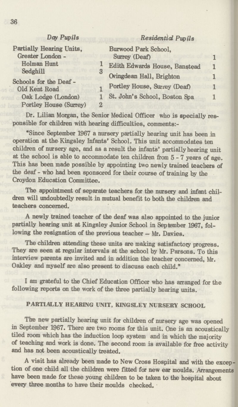 36 Day Pupils Partially Hearing Units, Greater London Holman Hunt 1 Sedghill 3 Schools for the Deaf - Old Kent Road 1 Oak Lodge (London) 1 Portley House (Surrey) 2 Residential Pupils Burwood Park School, Surrey (Deaf) 1 Edith Edwards House, Banstead 1 Oingdean Hall, Brighton 1 Portley House, Surrey (Deaf) 1 St. John's School, Boston Spa 1 Dr. Lilian Morgan, the Senior Medical Officer who is specially res ponsible for children with hearing difficulties, comments:- Since September 1967 a nursery partially hearing unit has been in operation at the Kingsley Infants' School. This unit accommodates ten children of nursery age, and as a result the infants' partially hearing unit at the school is able to accommodate ten children from 5-7 years of age. This has been made possible by appointing two newly trained teachers of the deaf - who had been sponsored for their course of training by the Croydon Education Committee. The appointment of separate teachers for the nursery and infant chil dren will undoubtedly result in mutual benefit to both the children and teachers concerned. A newly trained teacher of the deaf was also appointed to the junior partially hearing unit at Kingsley Junior School in September 1967, fol lowing the resignation of the previous teacher — Mr. Davies. The children attending these units are making satisfactory progress. They are seen at regular intervals at the school by Mr. Parsons. To this interview parents are invited and in addition the teacher concerned, Mr. Oakley and myself are also present to discuss each child/ I am grateful to the Chief Education Officer who has arranged for the following reports on the work of the three partially hearing units. PARTIALLY HEARING UNIT, KINGSLEY NURSERY SCHOOL The new partially hearing unit for children of nursery age was opened in September 1967. There are two rooms for this unit. One is an acoustically tiled room which has the induction loop system and in which the majority of teaching and work is done. The second room is available for free activity and has not been acoustically treated. A visit has already been made to New Cross Hospital and with the excep tion of one child all the children were fitted for new ear moulds. Arrangements have been made for these young children to be taken to the hospital about every three months to have their moulds checked.