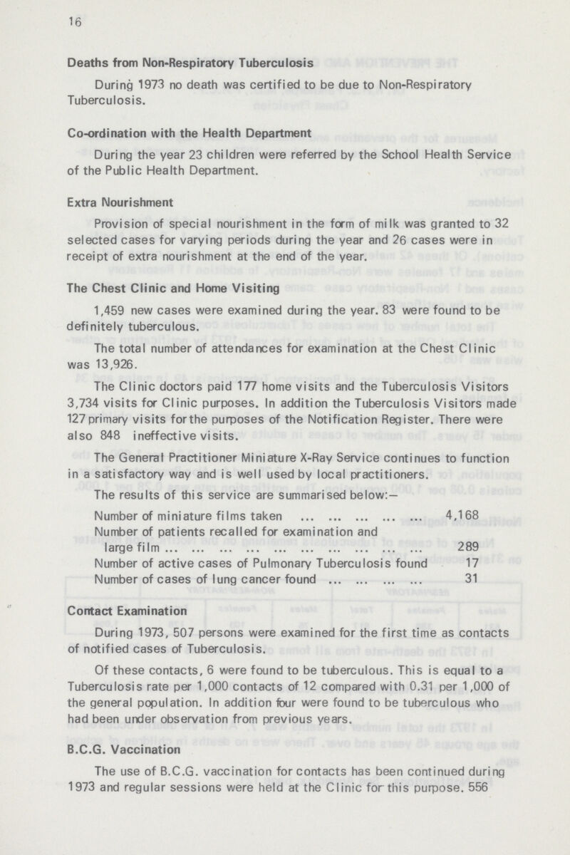 16 Deaths from Non-Respiratory Tuberculosis During 1973 no death was certified to be due to Non-Respiratory Tuberculosis. Co-ordination with the Health Department During the year 23 children were referred by the School Health Service of the Public Health Department. Extra Nourishment Provision of special nourishment in the form of milk was granted to 32 selected cases for varying periods during the year and 26 cases were in receipt of extra nourishment at the end of the year. The Chest Clinic and Home Visiting 1,459 new cases were examined during the year. 83 were found to be definitely tuberculous. The total number of attendances for examination at the Chest Clinic was 13,926. The Clinic doctors paid 177 home visits and the Tuberculosis Visitors 3,734 visits for Clinic purposes. In addition the Tuberculosis Visitors made 127 primary visits forthe purposes of the Notification Register. There were also 848 ineffective visits. The General Practitioner Miniature X-Ray Service continues to function in a satisfactory way and is well used by local practitioners. The results of this service are summarised below:— Number of miniature films taken 4,168 Number of patients recalled for examination and large film 289 Number of active cases of Pulmonary Tuberculosis found 17 Number of cases of lung cancer found 31 Contact Examination During 1973, 507 persons were examined for the first time as contacts of notified cases of Tuberculosis. Of these contacts, 6 were found to be tuberculous. This is equal to a Tuberculosis rate per 1,000 contacts of 12 compared with 0.31 per 1,000 of the general population. In addition four were found to be tuberculous who had been under observation from previous years. B.C.G. Vaccination The use of B.C.G. vaccination for contacts has been continued during 1973 and regular sessions were held at the Clinic for this purpose. 556