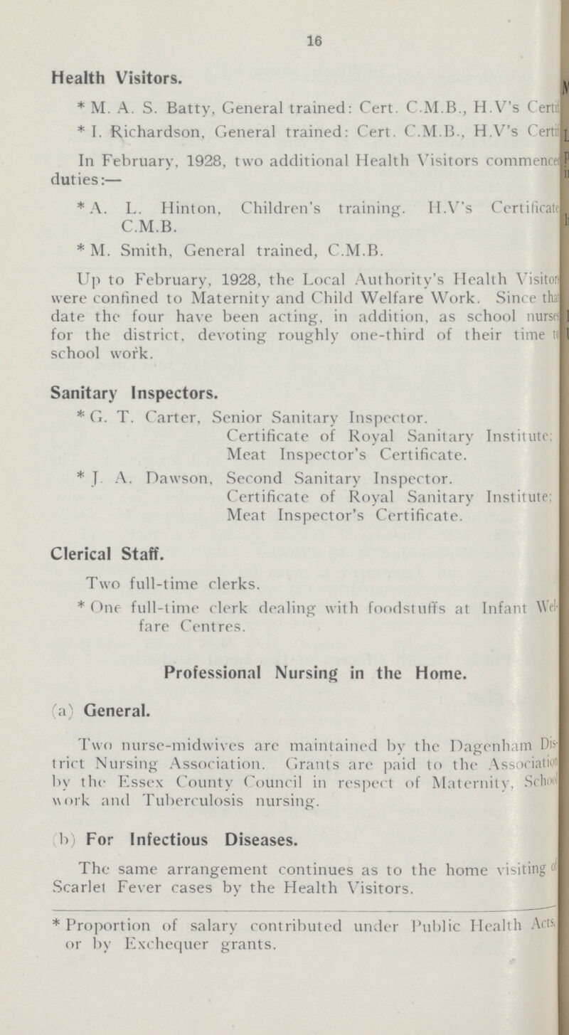 16 Health Visitors. * M. A. S. Batty, General trained: Cert. C.M.B., H.V's Certif??? * I. Richardson, General trained: Cert. C.M.B., H.V's Certif??? In February, 1928, two additional Health Visitors commenced duties:— * A. L. Hinton, Children's training. H.V's Certificate??? C.M.B. * M. Smith, General trained, C.M.B. Up to February, 1928, the Local Authority's Health Visitors??? were confined to Maternity and Child Welfare Work. Since tha??? date the four have been acting, in addition, as school nurses??? for the district, devoting roughly one-third of their time to school work. Sanitary Inspectors. * G. T. Carter, Senior Sanitary Inspector. Certificate of Royal Sanitary Institute; Meat Inspector's Certificate. * J. A. Dawson, Second Sanitary Inspector. Certificate of Royal Sanitary Institute: Meat Inspector's Certificate. Clerical Staff. Two full-time clerks. * One full-time clerk dealing with foodstuffs at Infant Wel- fare Centres. Professional Nursing in the Home. (a) General. Two nurse-midwives are maintained by the Dagenham Dis trict Nursing Association. Grants are paid to the Association by the Essex County Council in respect of Maternity, School work and Tuberculosis nursing. (b) For Infectious Diseases. The same arrangement continues as to the home visiting of Scarlet Fever cases by the Health Visitors. * Proportion of salary contributed under Public Health Acts, or by Exchequer grants.