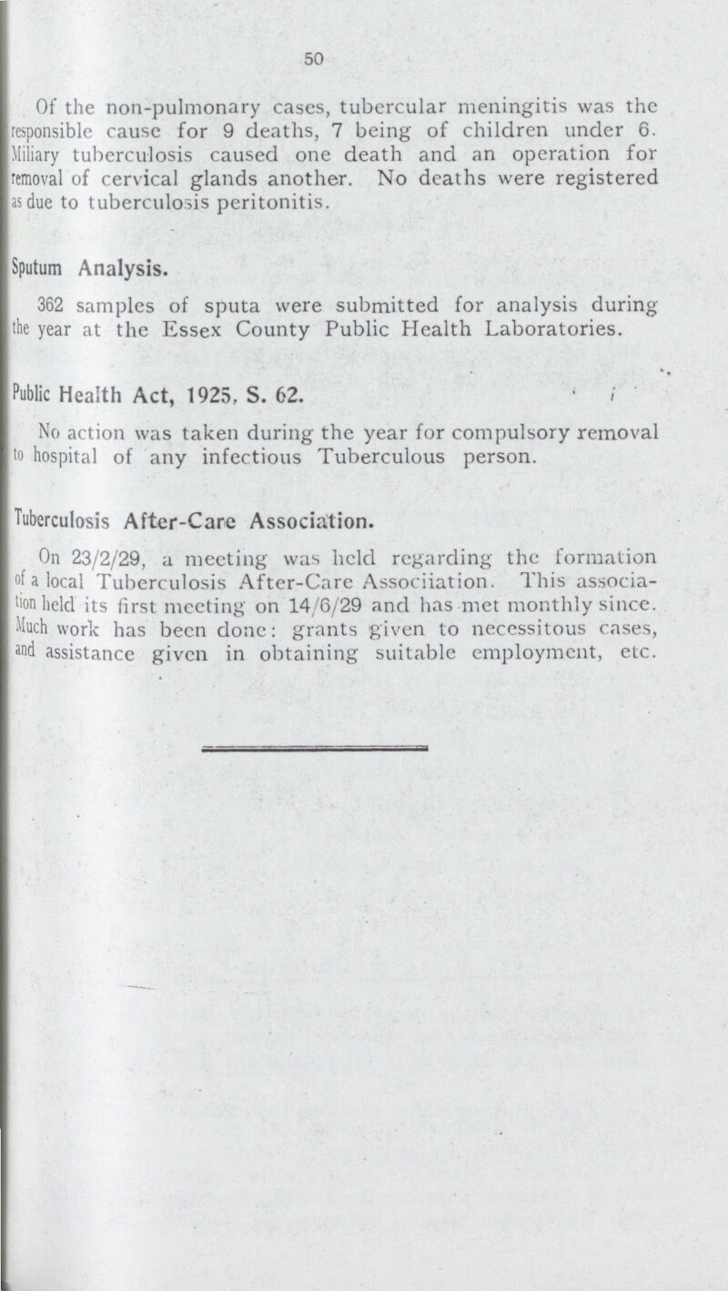 Of the non-pulmonary cases, tubercular meningitis was the responsible cause for 9 deaths, 7 being of children under 6. Miliary tuberculosis caused one death and an operation for removal of cervical glands another. No deaths were registered as due to tuberculosis peritonitis. Sputum Analysis. 362 samples of sputa were submitted for analysis during the year at the Essex County Public Health Laboratories. Public Health Act, 1925, S. 62. i No action was taken during the year for compulsory removal to hospital of any infectious Tuberculous person. Tuberculosis After-Care Association. On 23/2/29, a meeting was held regarding the formation of a local Tuberculosis After-Care Association. This associa tion held its first meeting on 14/6/29 and has met monthly since. Much work has been done: grants given to necessitous cases, and assistance given in obtaining suitable employment, etc. 50