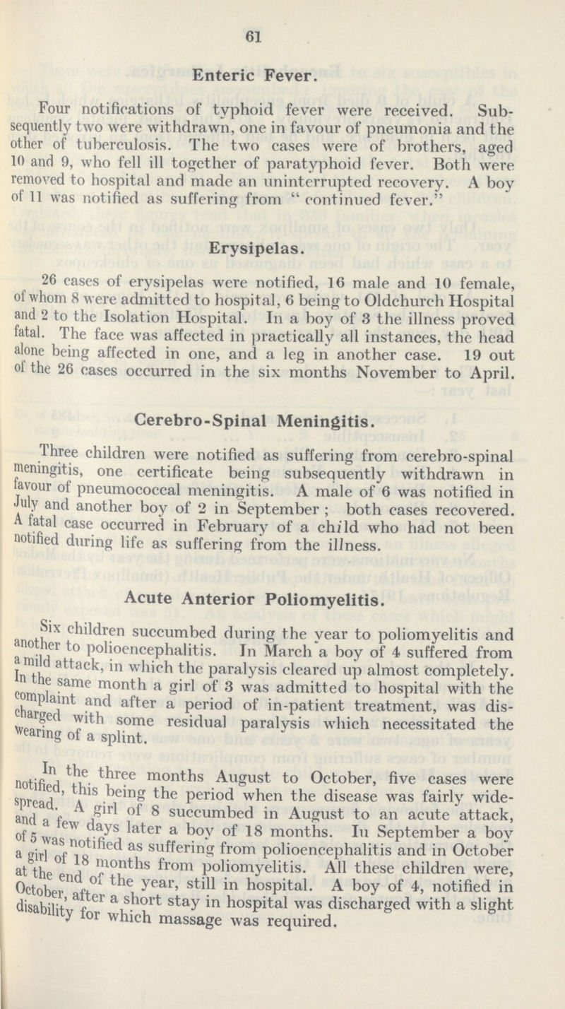 61 Enteric Fever. Four notifications of typhoid fever were received. Sub sequently two were withdrawn, one in favour of pneumonia and the other of tuberculosis. The two cases were of brothers, aged 10 and 9, who fell ill together of paratyphoid fever. Both were removed to hospital and made an uninterrupted recovery. A boy of 11 was notified as suffering from  continued fever. Erysipelas. 26 cases of erysipelas were notified, 16 male and 10 female, of whom 8 were admitted to hospital, 6 being to Oldchurch Hospital and 2 to the Isolation Hospital. In a boy of 3 the illness proved fatal. The face was affected in practically all instances, the head alone being affected in one, and a leg in another case. 19 out ol the 26 eases occurred in the six months November to April. Cerebro-Spinal Meningitis. Three children were notified as suffering from cerebro-spinal meningitis, one certificate being subsequently withdrawn in favour of pneumococcal meningitis. A male of 6 was notified in July and another boy of 2 in September; both cases recovered. A fatal case occurred in February of a child who had not been notified during life as suffering from the illness. Acute Anterior Poliomyelitis. Six children succumbed during the year to poliomyelitis and another to polioencephalitis. In March a boy of 4 suffered from a mild attack, in which the paralysis cleared up almost completely. In the same month a girl of 8 was admitted to hospital with the complaint and after a period of in-patient treatment, was dis charged with some residual paralysis which necessitated the bearing of a splint. In the three months August to October, five cases were notified, this being the period when the disease was fairly wide spread. A girl of 8 succumbed in August to an acute attack, and a few days later a boy of 18 months. In September a boy 5 was notified as suffering from polioencephalitis and in October a girl of 18 months from poliomyelitis. All these children were, the end of the year, still in hospital. A boy of 4, notified in october, after a short stay in hospital was discharged with a slight disability for which massage was required.