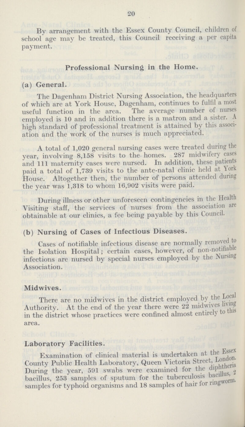 20 By arrangement with the Essex County Council, children of school age may be treated, this Council receiving a per capita payment. Professional Nursing in the Home. (a) General. The Dagenham District Nursing Association, the headquarters of which are at York House, Dagenham, continues to fulfil a most useful function in the area. The average number of nurses employed is 10 and in addition there is a matron and a sister. A high standard of professional treatment is attained by this associ ation and the work of the nurses is much appreciated. A total of 1,020 general nursing cases were treated during the year, involving 8,158 visits to the homes. 287 midwifery cases and 111 maternity cases were nursed. In addition, these patients paid a total of 1,739 visits to the ante-natal clinic held at York House. Altogether then, the number of persons attended during the year was 1,318 to whom 16,902 visits were paid. During illness or other unforeseen contingencies in the Health Visiting staff, the services of nurses from the association are obtainable at our clinics, a fee being payable by this Council. (b) Nursing of Cases of Infectious Diseases. Cases of notifiable infectious disease are normally removed to the Isolation Hospital; certain cases, however, of non-notifiable infections are nursed by special nurses employed by the Nursing Association. Midwives. There are no midwives in the district employed by the Local Authority. At the end of the year there were 22 midwives living in the district whose practices were confined almost entirely to this area. Laboratory Facilities. Examination of clinical material is undertaken at the Essex County Public Health Laboratory, Queen Victoria Street, London. During the year, 591 swabs were examined for the diphtheria bacillus, 253 samples of sputum for the tuberculosis bacillus, 2 samples for typhoid organisms and 18 samples of hair for ringworm.