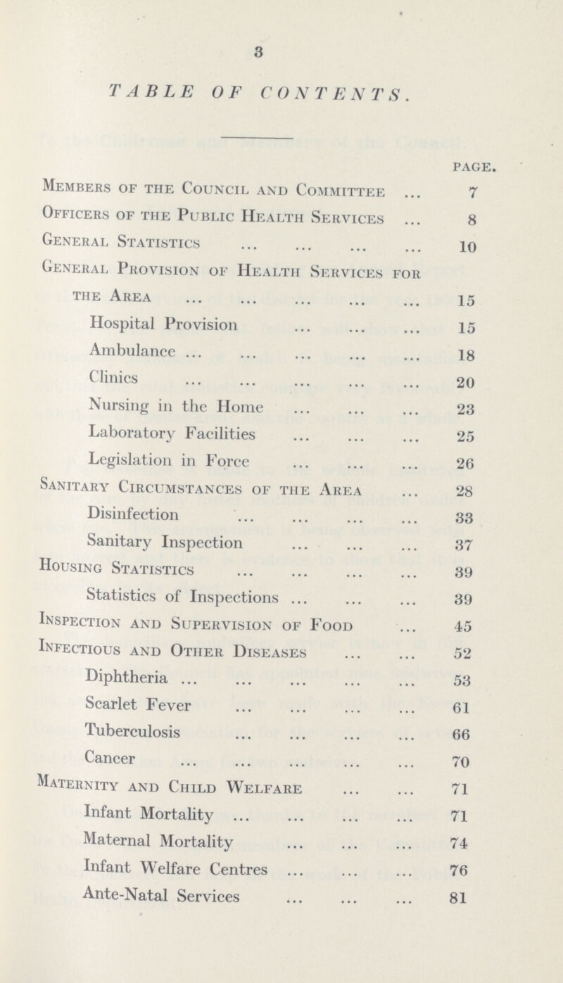 3 TABLE OF CONTENTS. page. Members of the Council and Committee 7 Officers of the Public Health Services 8 General Statistics 10 General Provision of Health Services for the Area 15 Hospital Provision 15 Ambulance 18 Clinics 20 Nursing in the Home 23 Laboratory Facilities 25 Legislation in Force 26 Sanitary Circumstances of the Area 28 Disinfection 33 Sanitary Inspection 37 Housing Statistics 39 Statistics of Inspections 39 Inspection and Supervision of Food 45 Infectious and Other Diseases 52 Diphtheria 53 Scarlet Fever 61 Tuberculosis 66 Cancer 70 Maternity and Child Welfare 71 Infant Mortality 71 Maternal Mortality 74 Infant Welfare Centres 76 Ante-Natal Services 81