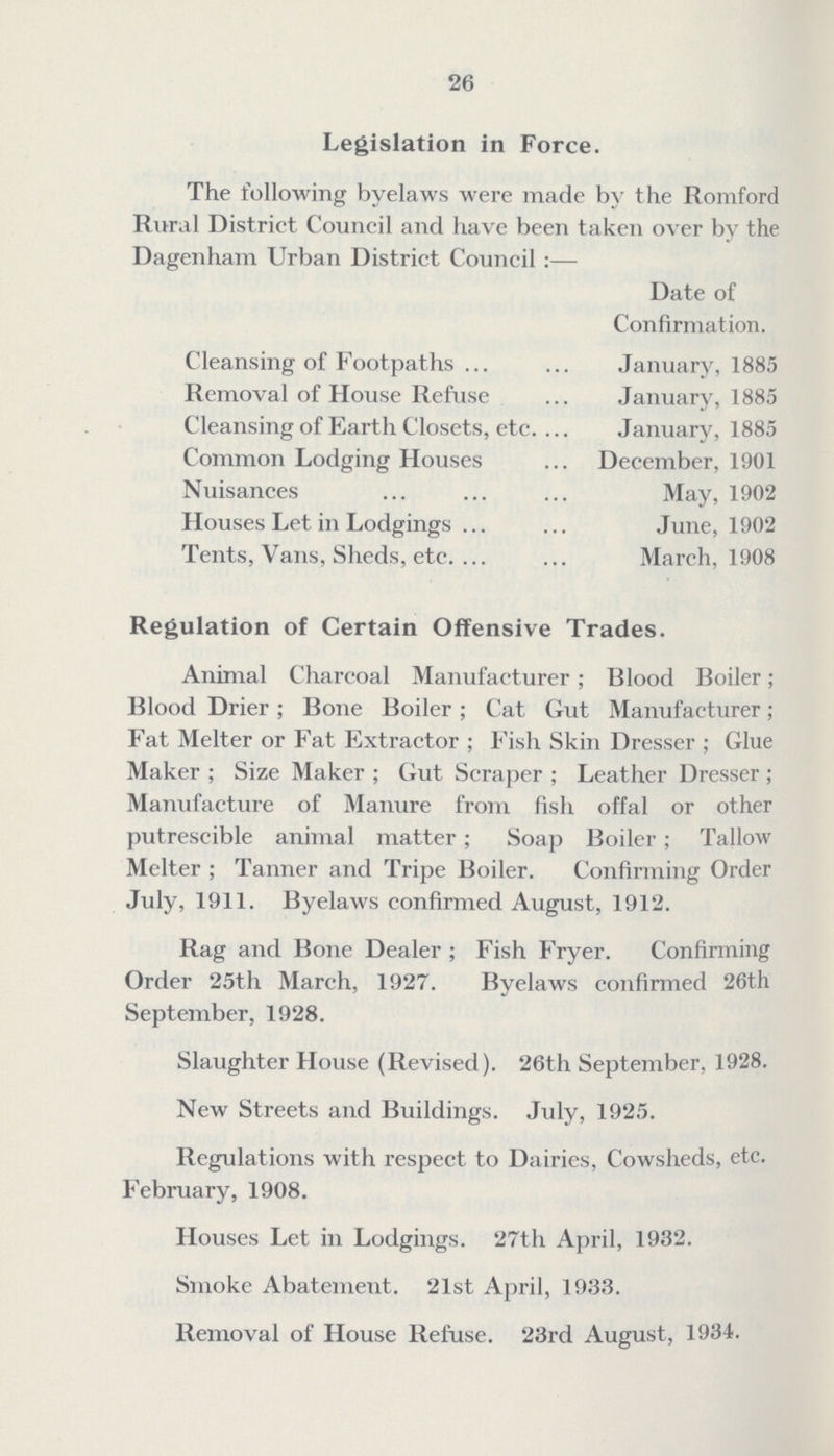 26 Legislation in Force. The following byelaws were made by the Romford Rural District Council and have been taken over by the Dagenham Urban District Council:— Date of Confirmation. Cleansing of Footpaths January, 1885 Removal of House Refuse January, 1885 Cleansing of Earth Closets, etc. January, 1885 Common Lodging Houses December, 1901 Nuisances May, 1902 Houses Let in Lodgings June, 1902 Tents, Vans, Sheds, etc. March, 1908 Regulation of Certain Offensive Trades. Animal Charcoal Manufacturer; Blood Boiler; Blood Drier; Bone Boiler; Cat Gut Manufacturer; Fat Melter or Fat Extractor; Fish Skin Dresser; Glue Maker; Size Maker; Gut Scraper; Leather Dresser; Manufacture of Manure from fish offal or other putrescible animal matter; Soap Boiler; Tallow Melter; Tanner and Tripe Boiler. Confirming Order July, 1911. Byelaws confirmed August, 1912. Rag and Bone Dealer; Fish Fryer. Confirming Order 25th March, 1927. Byelaws confirmed 26th September, 1928. Slaughter House (Revised). 26th September. 1928. New Streets and Buildings. July, 1925. Regulations with respect to Dairies, Cowsheds, etc. February, 1908. Houses Let in Lodgings. 27th April, 1932. Smoke Abatement. 21st April, 1933. Removal of House Refuse. 23rd August, 1934.
